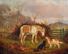 Antique British Sporting Oil Painting Horse & Dogs with the Days Bag