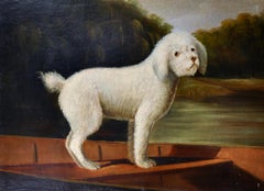 Portrait of a White Poodle standing in Wooden Punt on river, Large Oil Painting