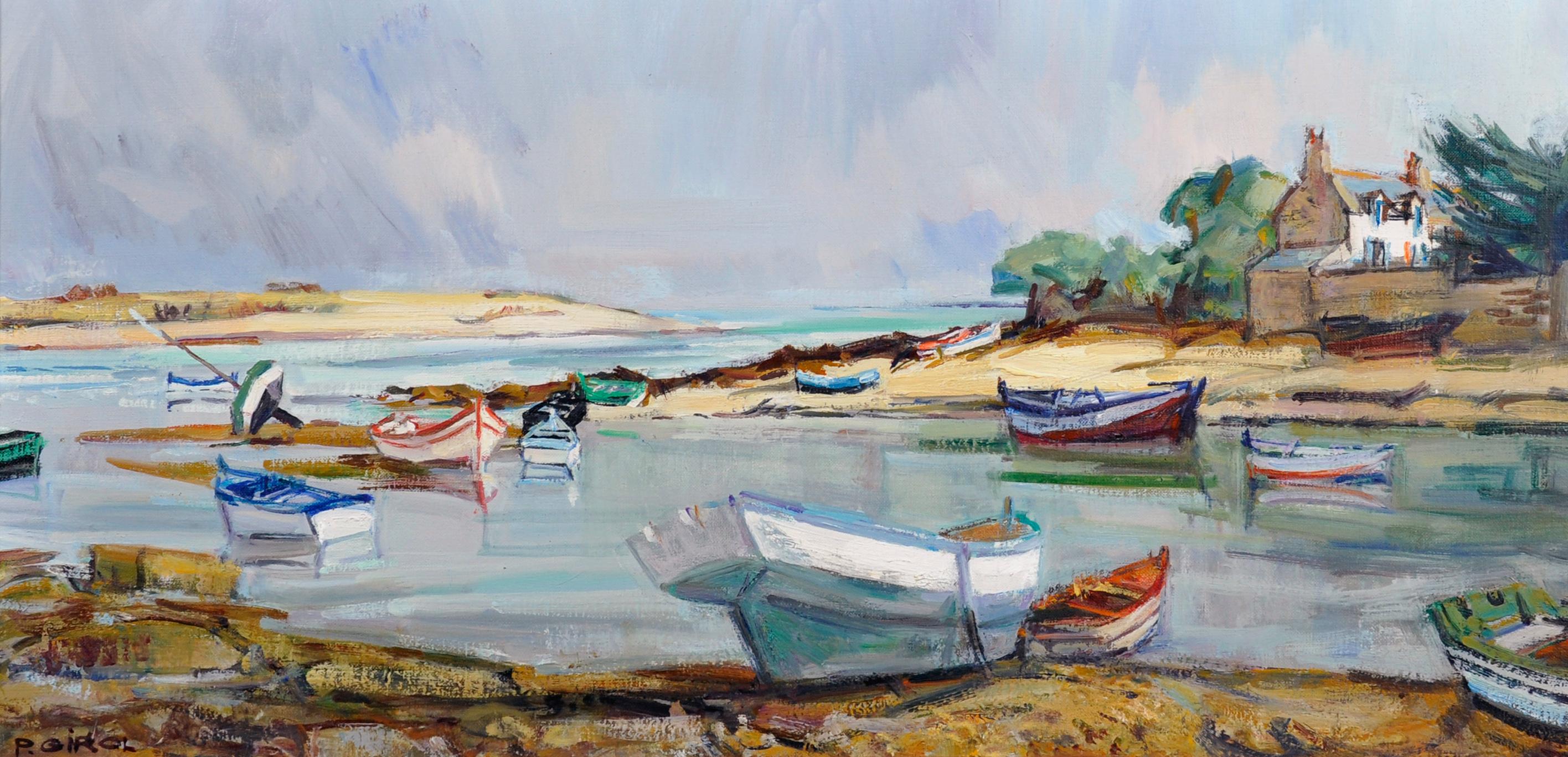 Paul Girol (1911-1989) Landscape Painting - French Signed Oil Boats Moored in Estuary  "Le Ster, Lesconil"