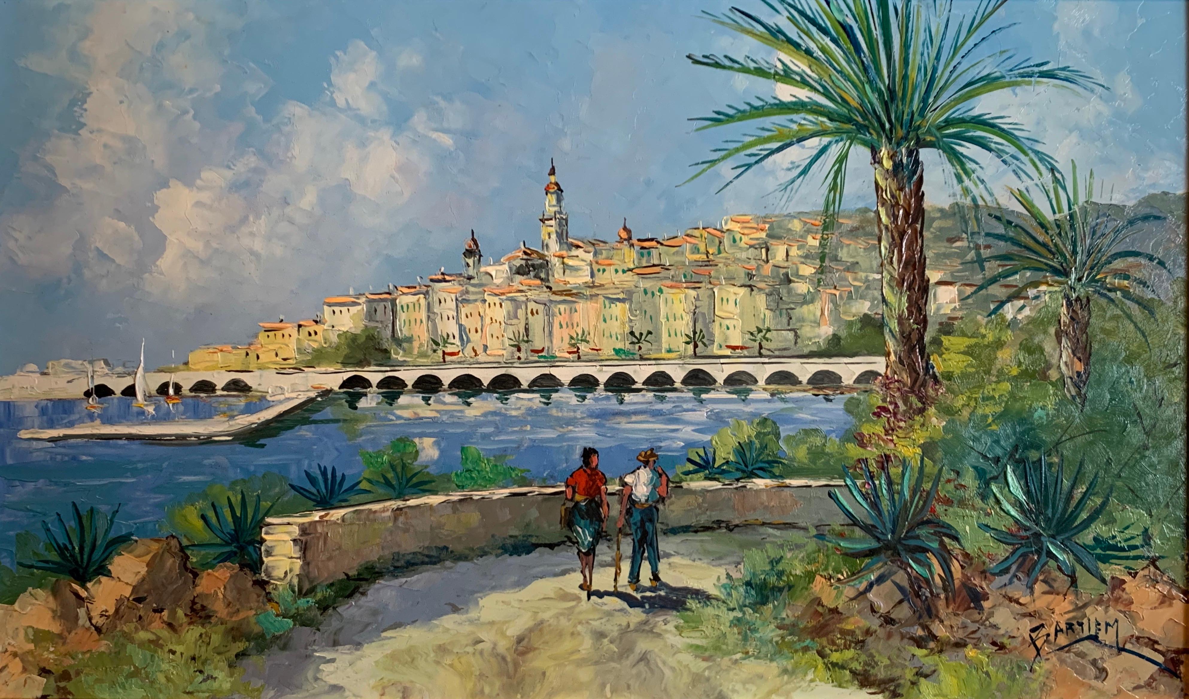 Landscape Painting di Bartiem - Pittura ad olio impressionista francese firmata - Figure della Costa Azzurra che passeggiano nel porto