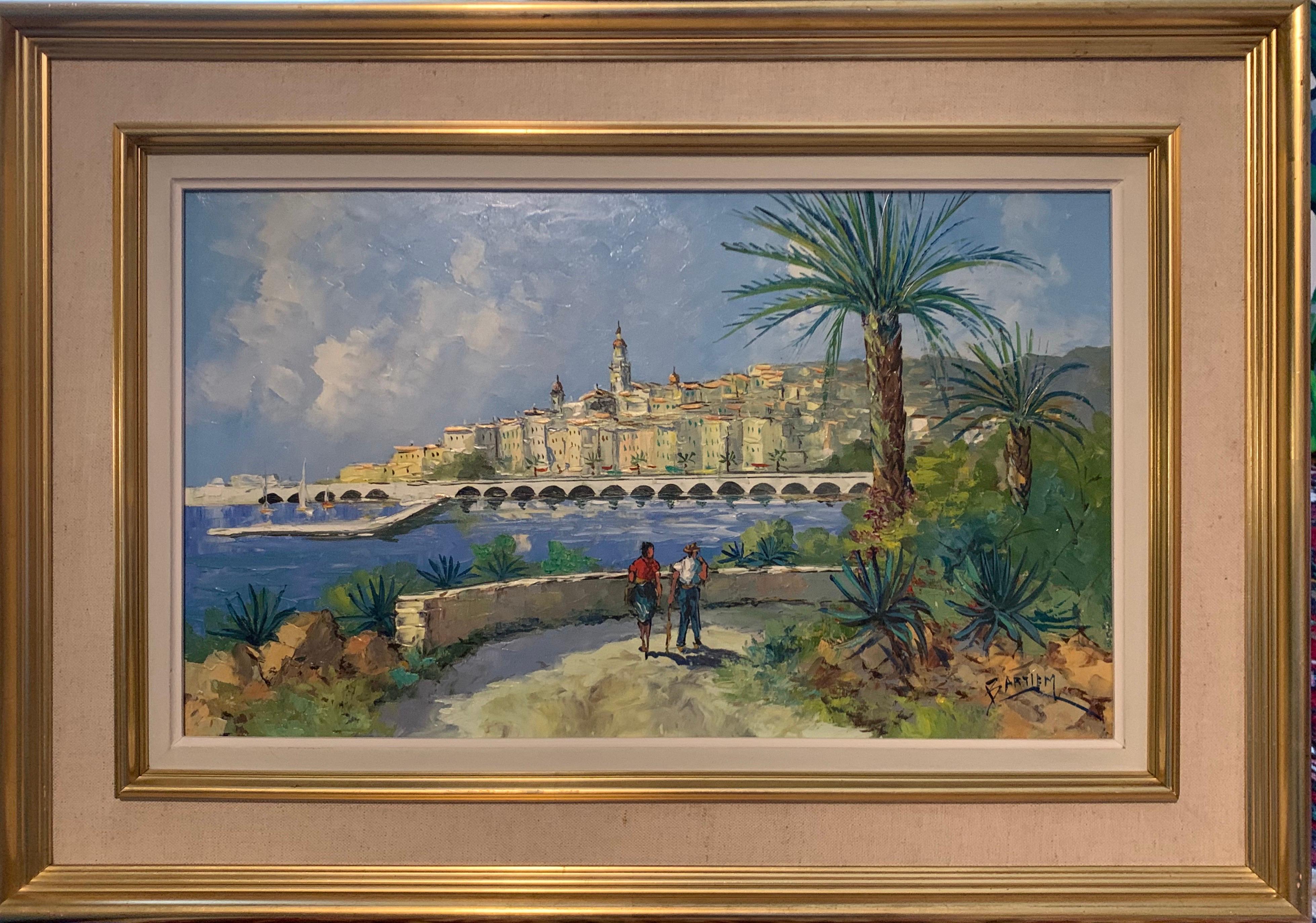 Pittura ad olio impressionista francese firmata - Figure della Costa Azzurra che passeggiano nel porto - Painting di Bartiem