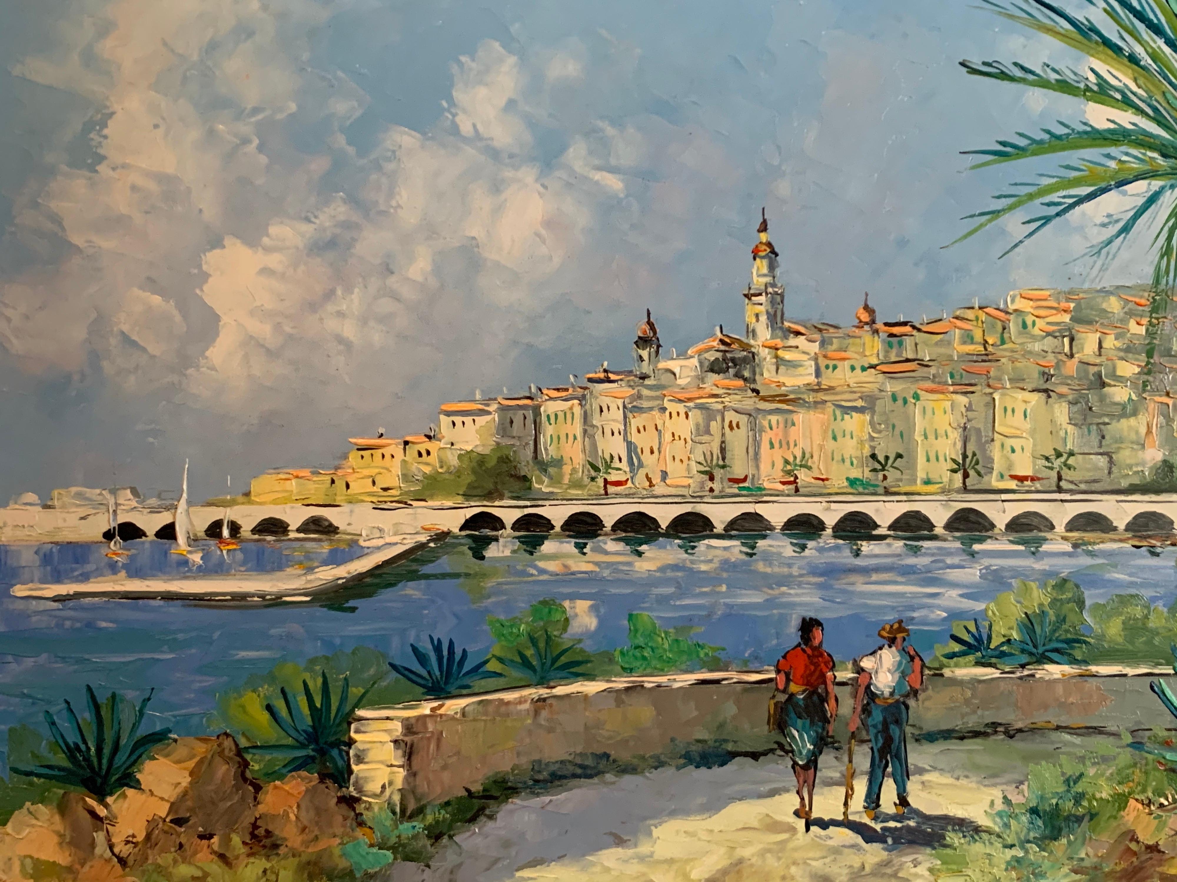 Pittura ad olio impressionista francese firmata - Figure della Costa Azzurra che passeggiano nel porto - Painting Impressionismo di Bartiem