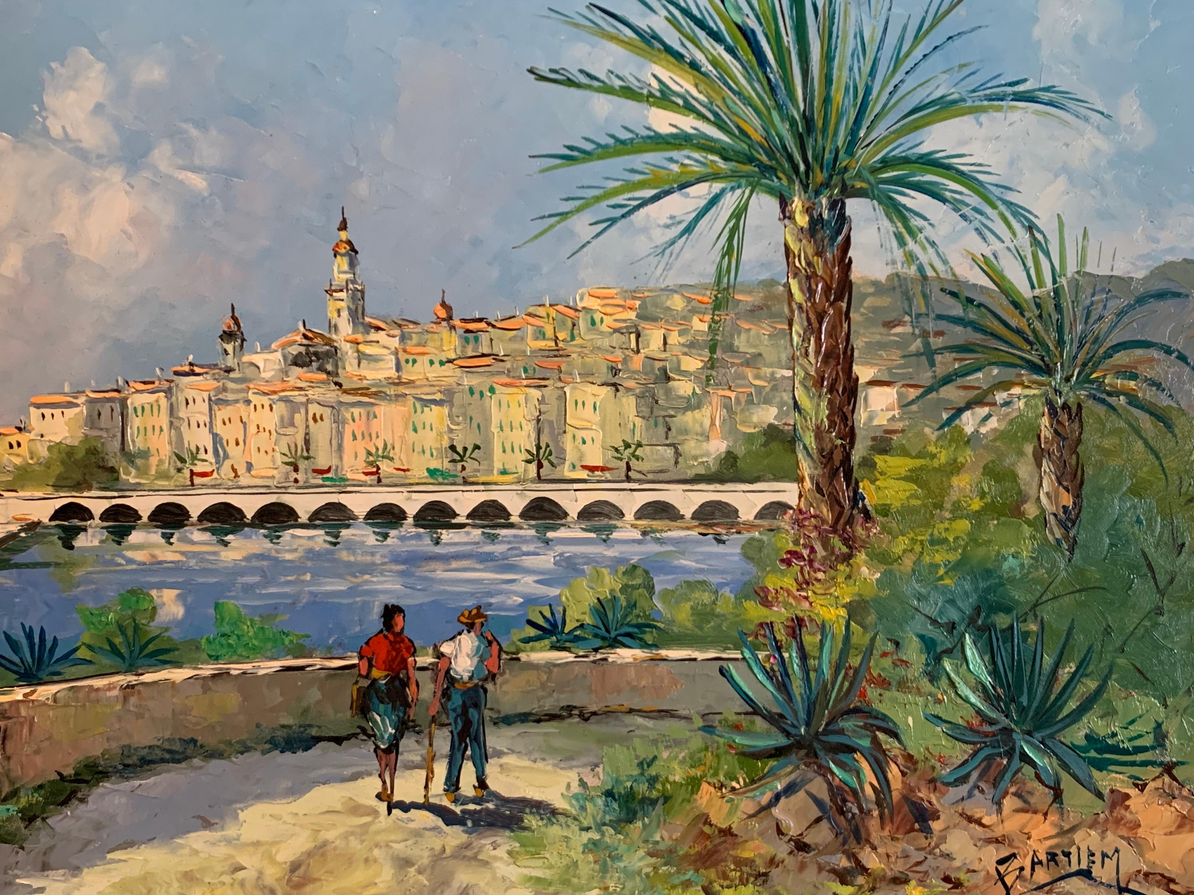 Pittura ad olio impressionista francese firmata - Figure della Costa Azzurra che passeggiano nel porto - Landscape Painting Grigio di Bartiem