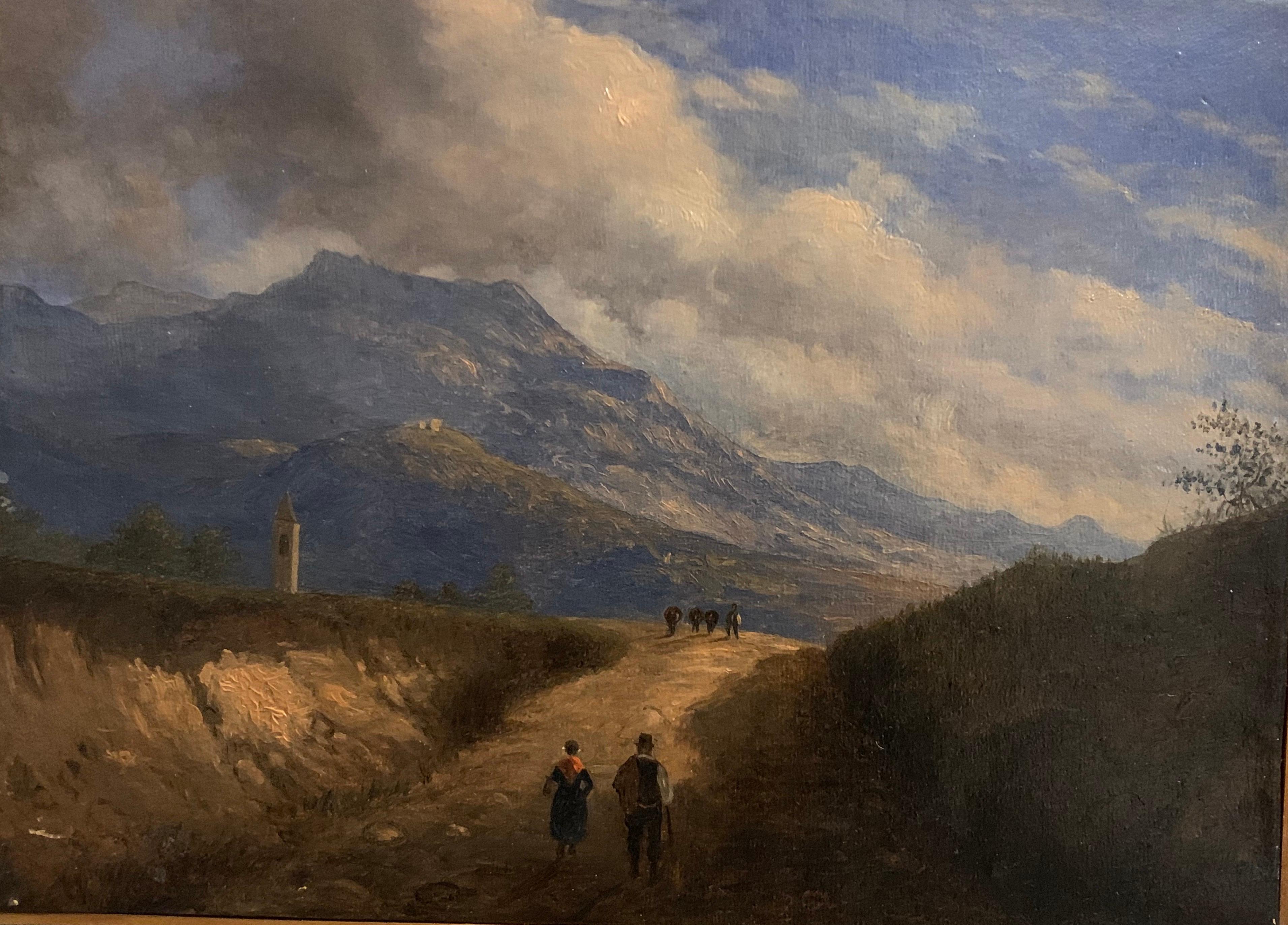 Italian antique Landscape Painting - Early 19th Century Italian Mountain Pass Landscape Travellers on Journey. Oil 