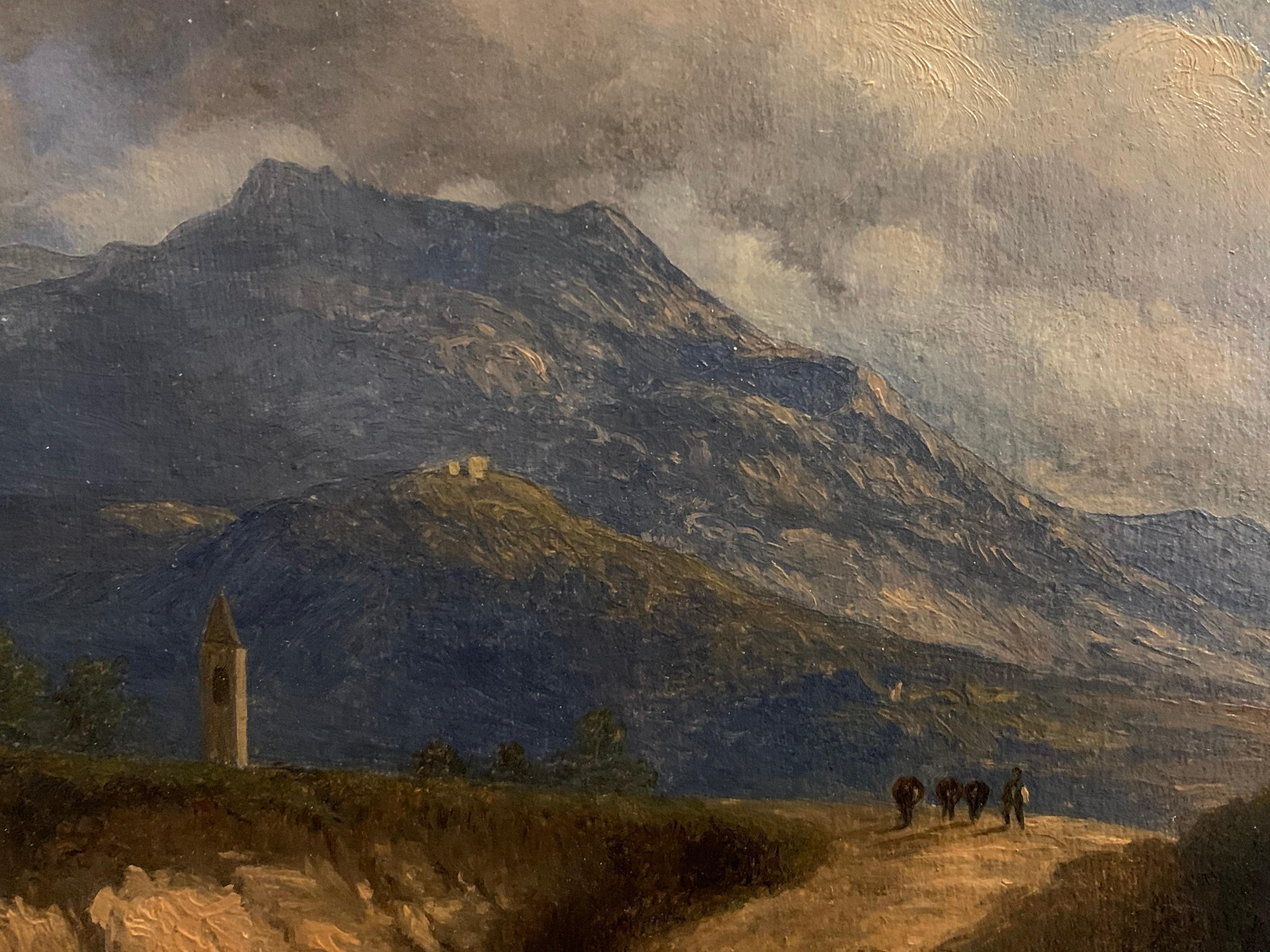 Early 19th Century Italian Mountain Pass Landscape Travellers on Journey. Oil  - Victorian Painting by Italian antique