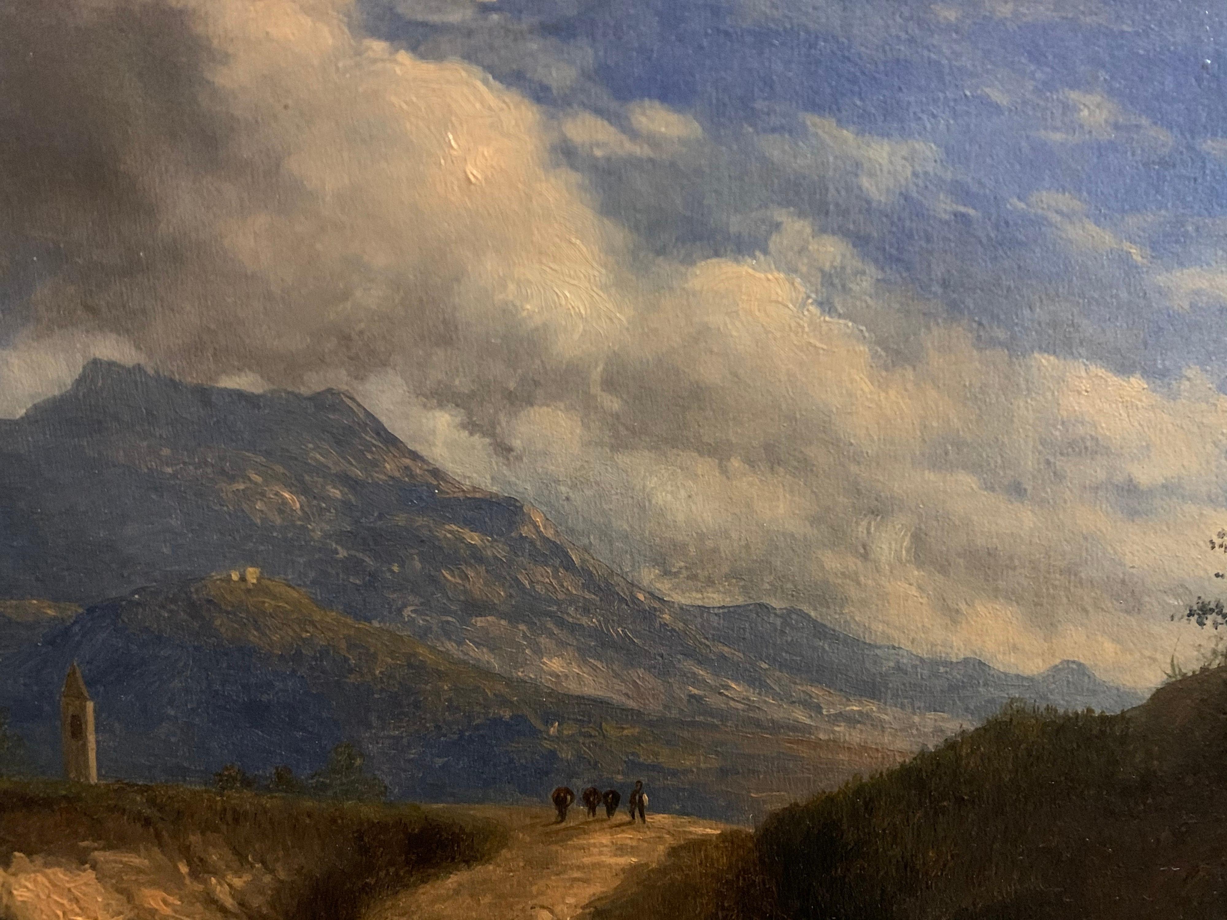 Early 19th Century Italian Mountain Pass Landscape Travellers on Journey. Oil  - Black Landscape Painting by Italian antique
