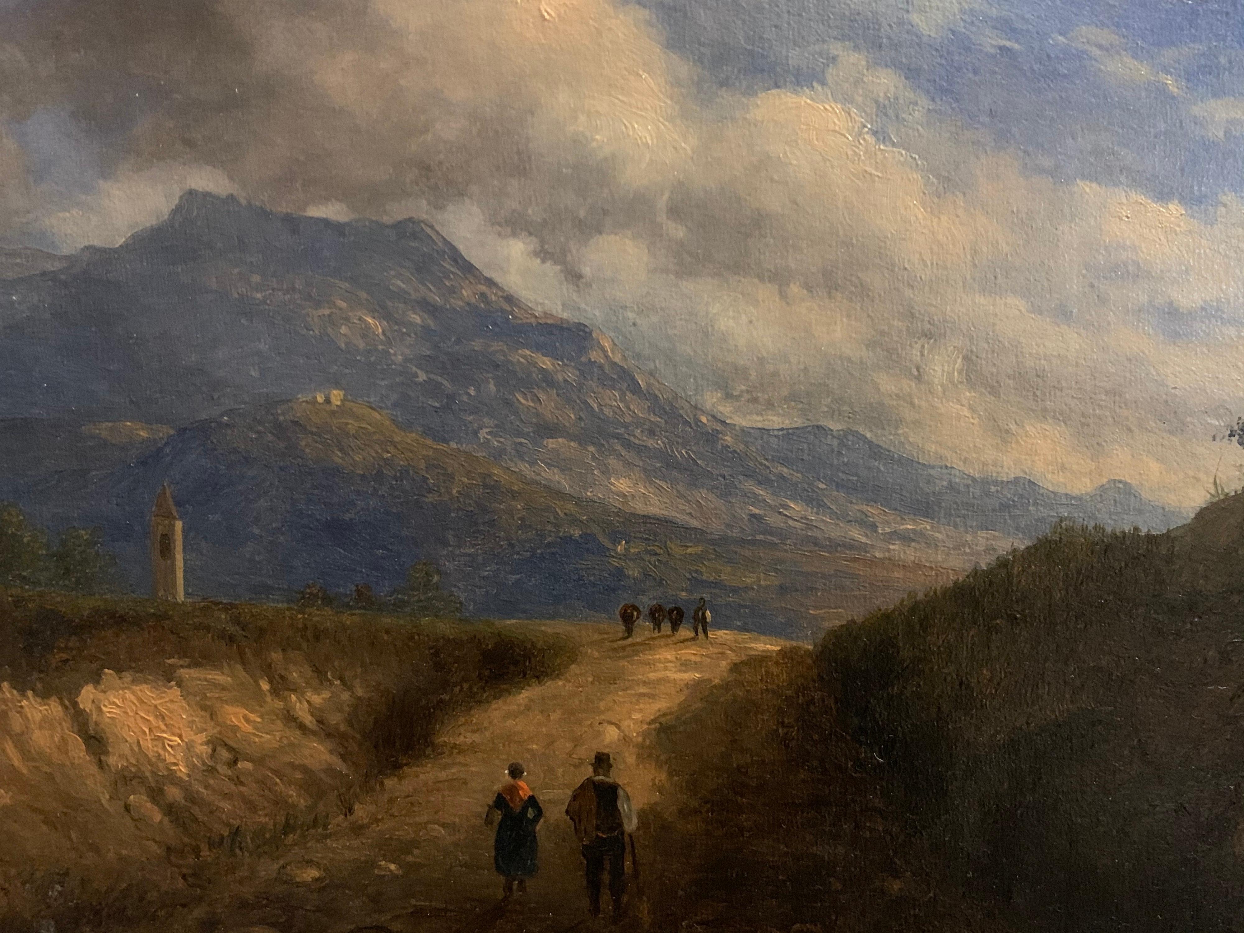 Italian School, early 19th century
The Mountain Pass
inscribed and titled indistinctly verso
oil painting on canvas, framed (wooden)
overall measurements: 22cm x 30cm
condition: very good, a few very tiny scufffs left edge

provenance: private