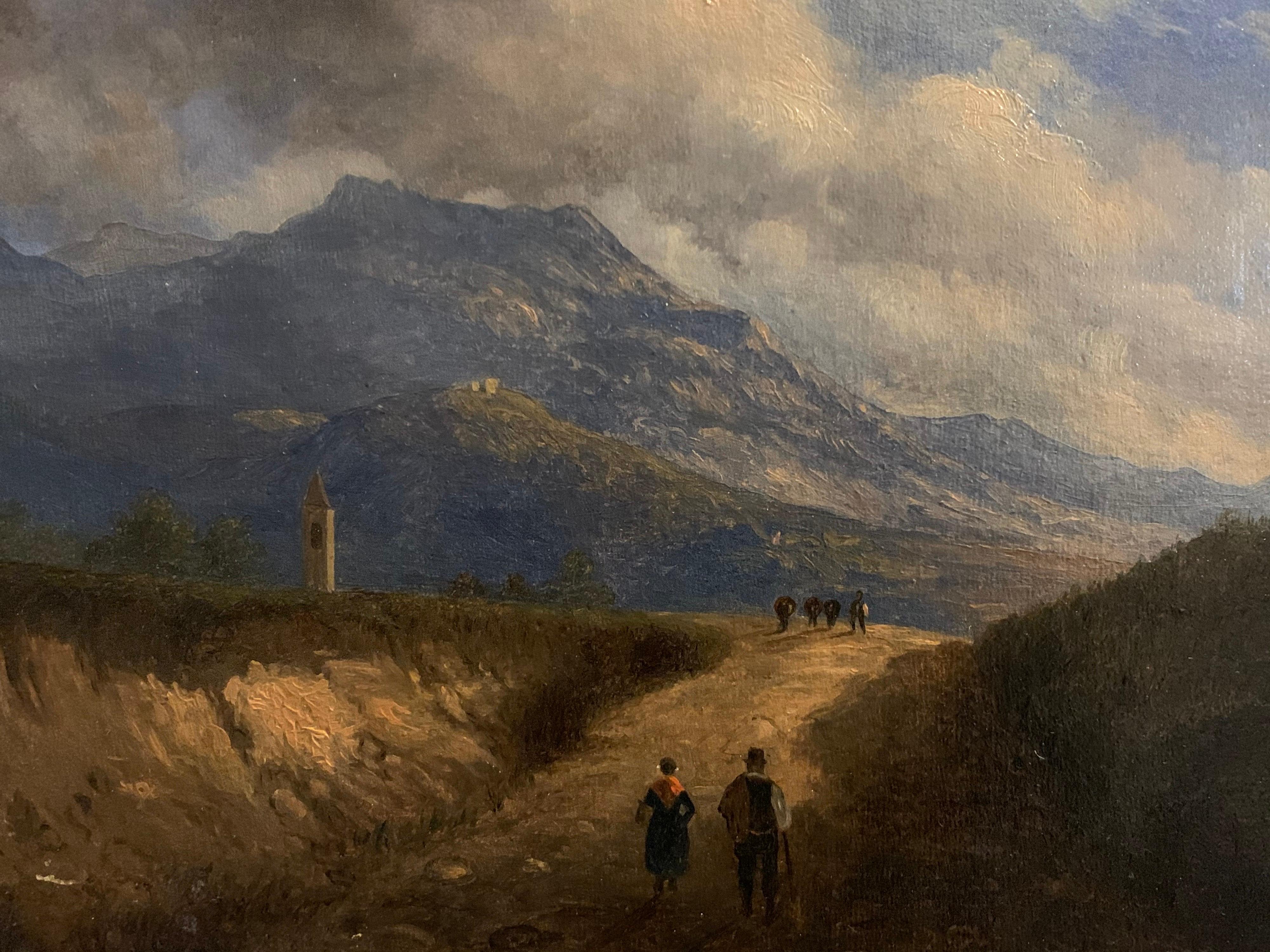 Early 19th Century Italian Mountain Pass Landscape Travellers on Journey. Oil  1