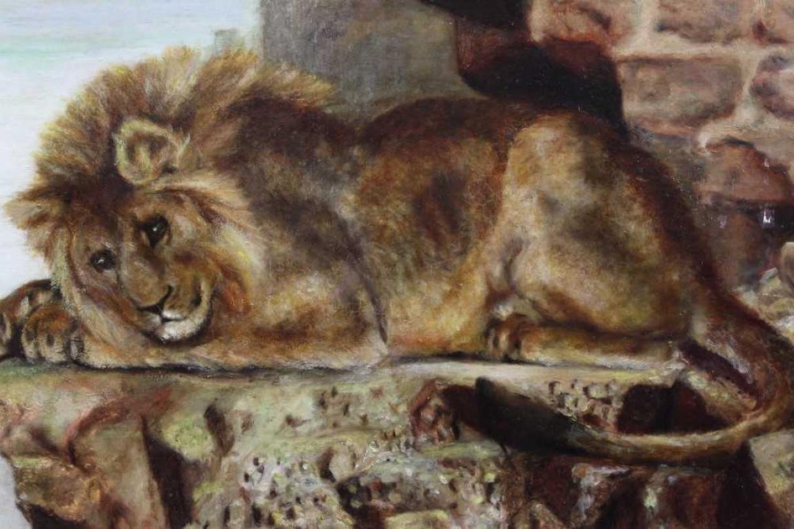 Victorian School Landscape Painting - Victorian Oil - the Sleeping Lion - Fine Portrait of a Resting Lion