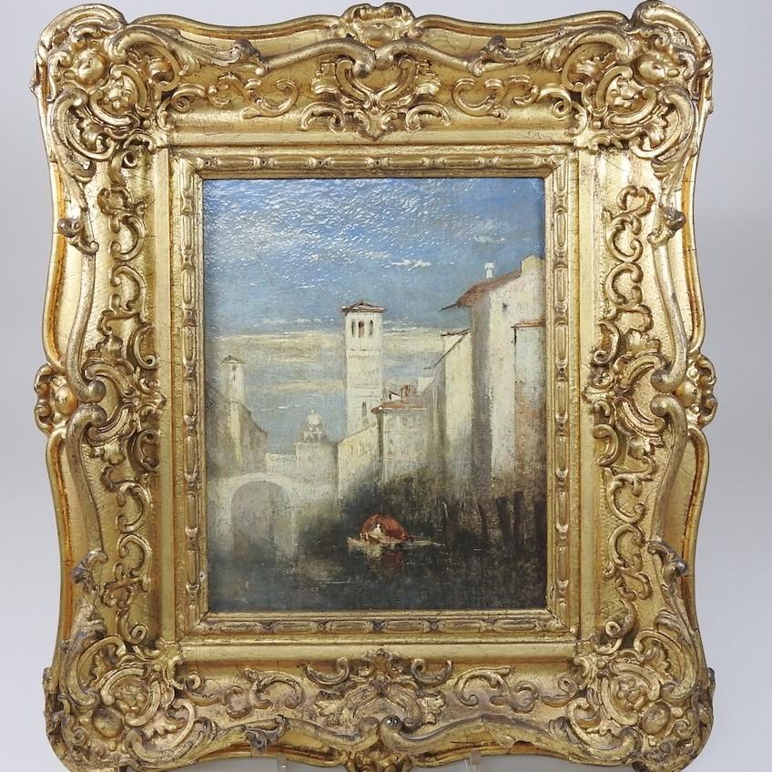 (circle of) Joseph Mallord William Turner Landscape Painting - The Venetian Backwater Canal Fine Period c.1850's Oil Painting Gilt Frame