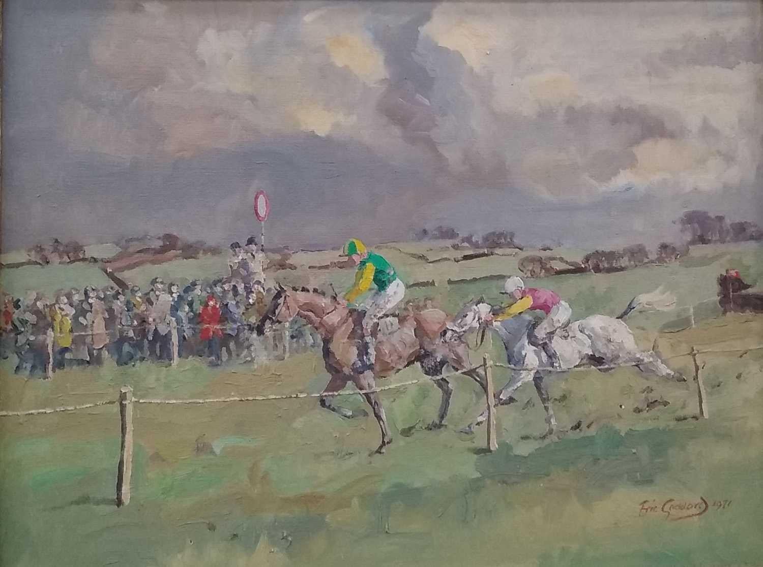 Landscape Painting di Eric Goddard - Raffinato dipinto ad olio su cavalli britannici "Crossing the Post", firmato e datato 1971