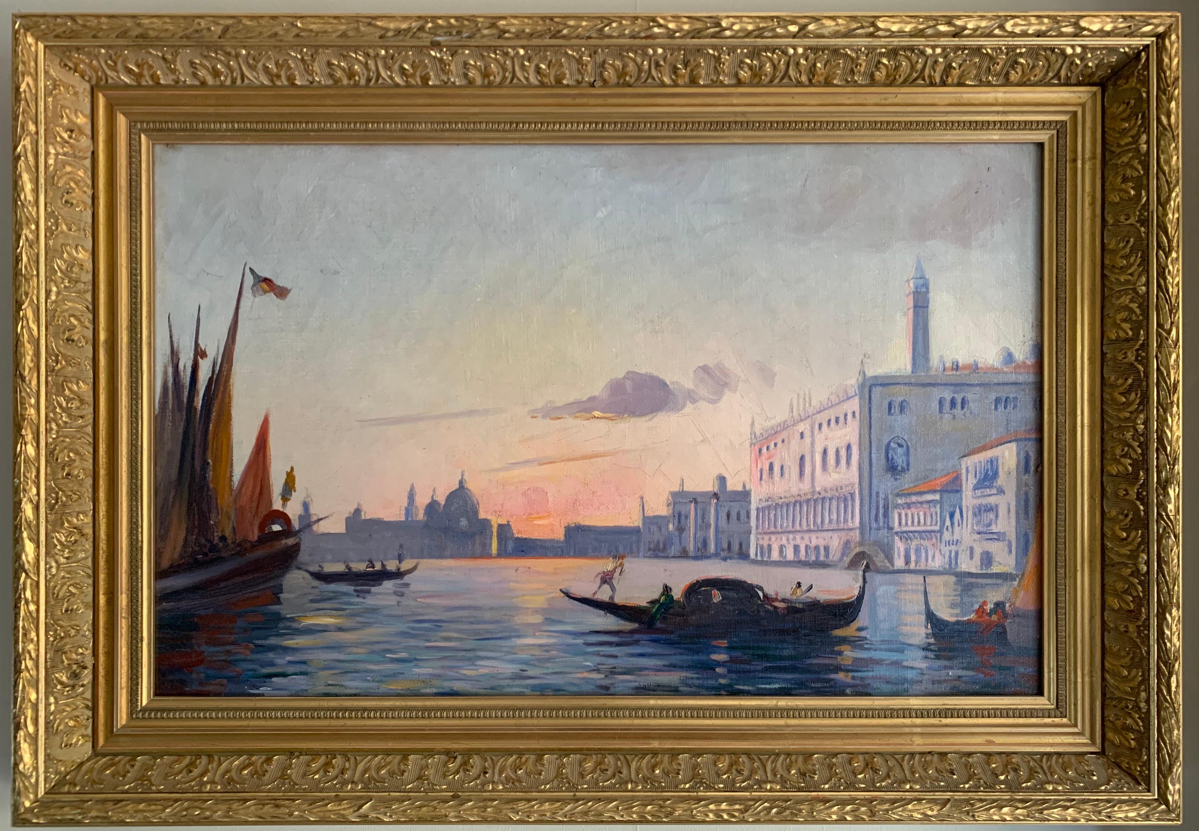 Late 19th Century Oil Painting - Sunset over Grand Canal Venice, Gondoliers