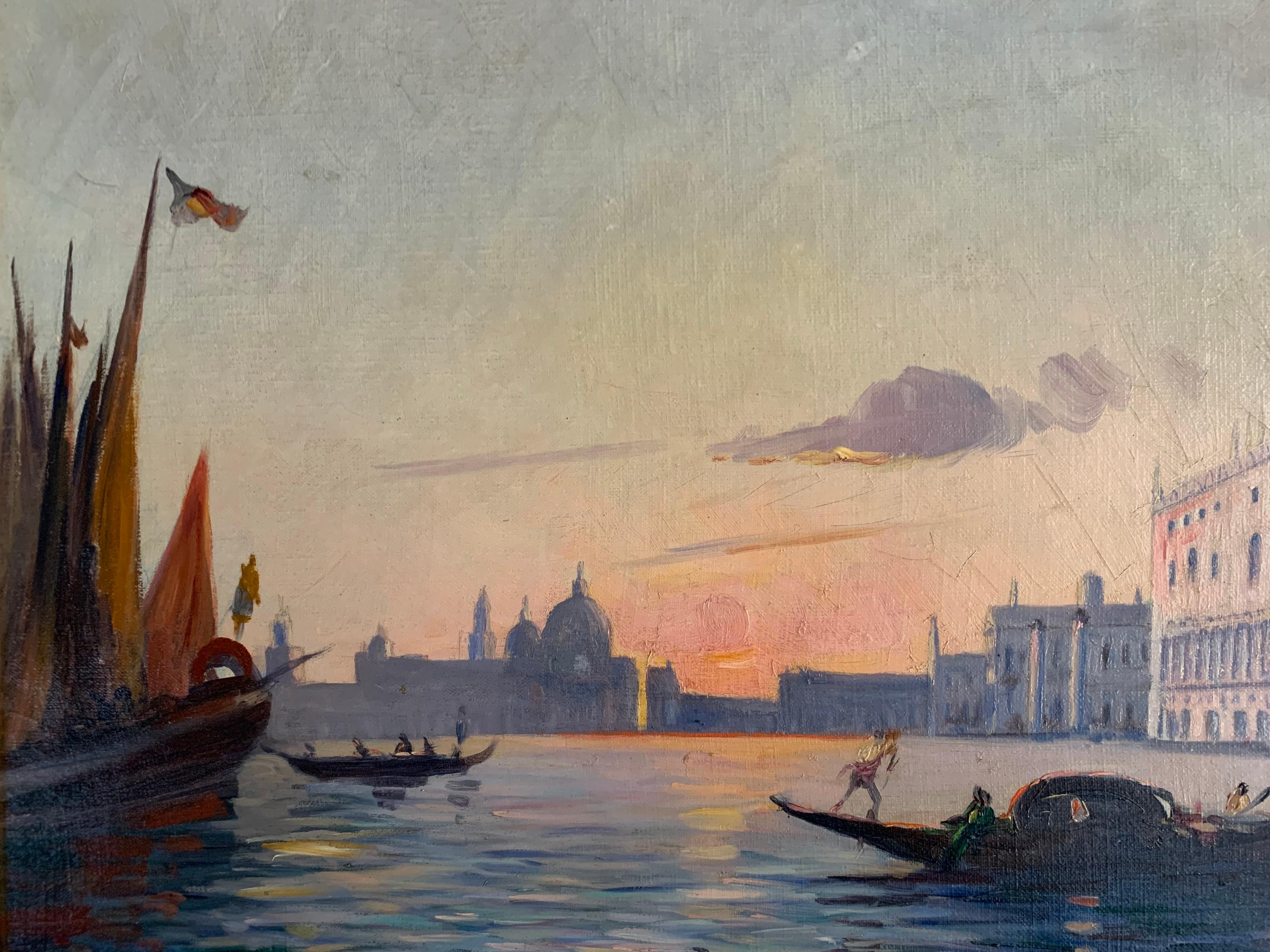 Late 19th Century Oil Painting - Sunset over Grand Canal Venice, Gondoliers - Brown Figurative Painting by Unknown