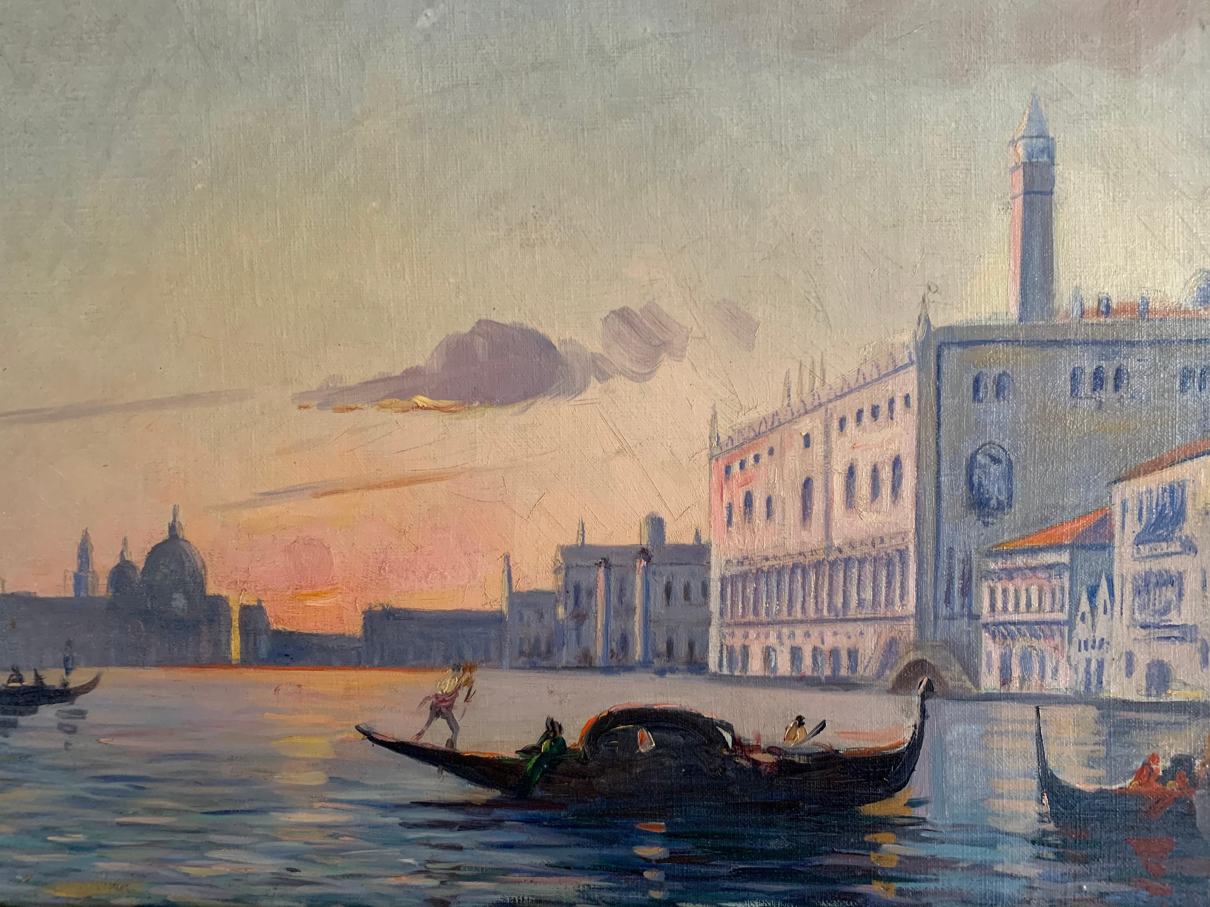 Sunset over the Grand Canal
French School, late 19th century
oil painting on canvas, framed
canvas: 13.5 x 21.5 inches
framed: 18 x 26 inches

Beautiful 19th century French oil painting on canvas, depicting the ever radiant Grand Canal in Venice,