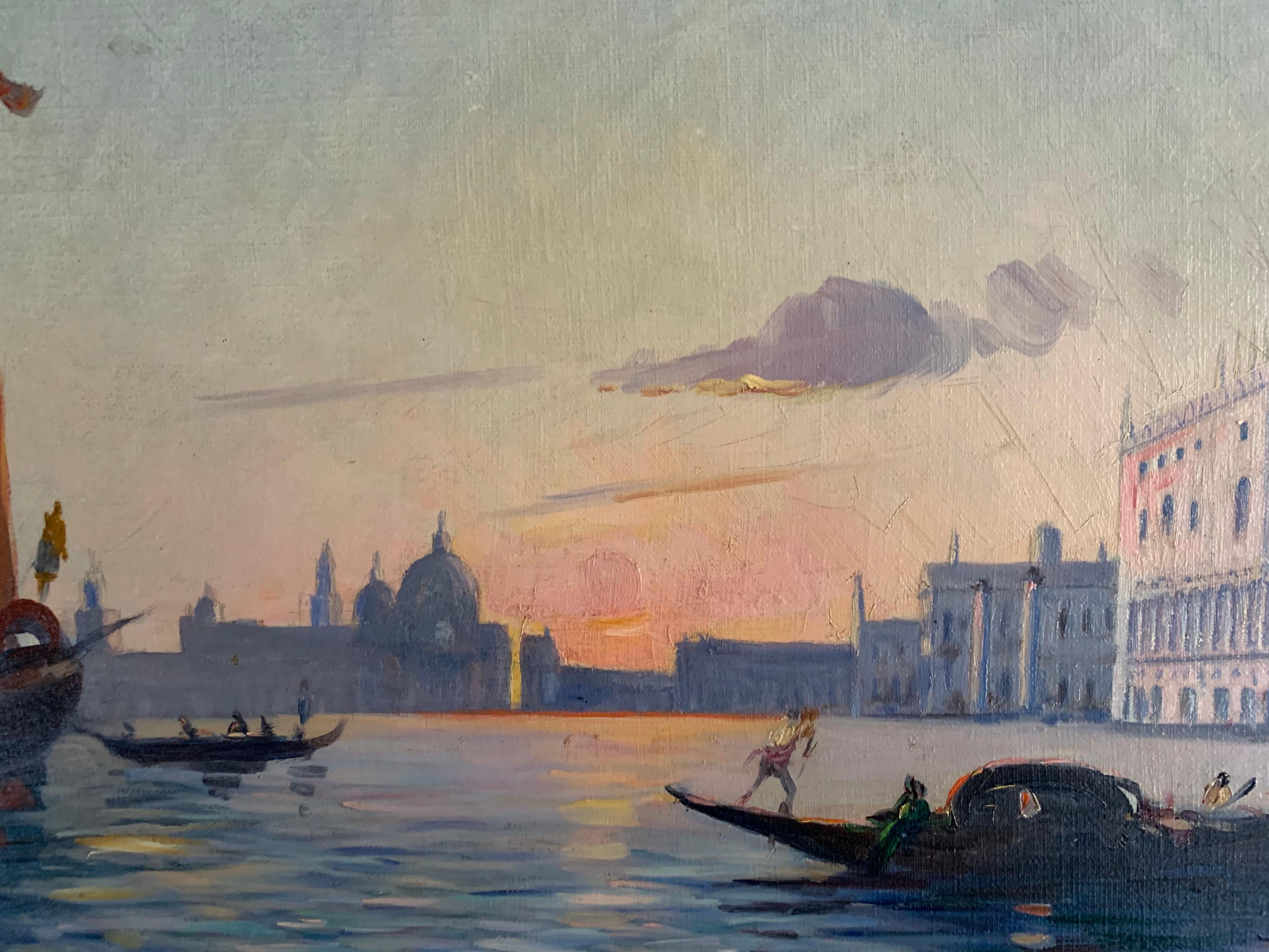 Late 19th Century Oil Painting - Sunset over Grand Canal Venice, Gondoliers 1