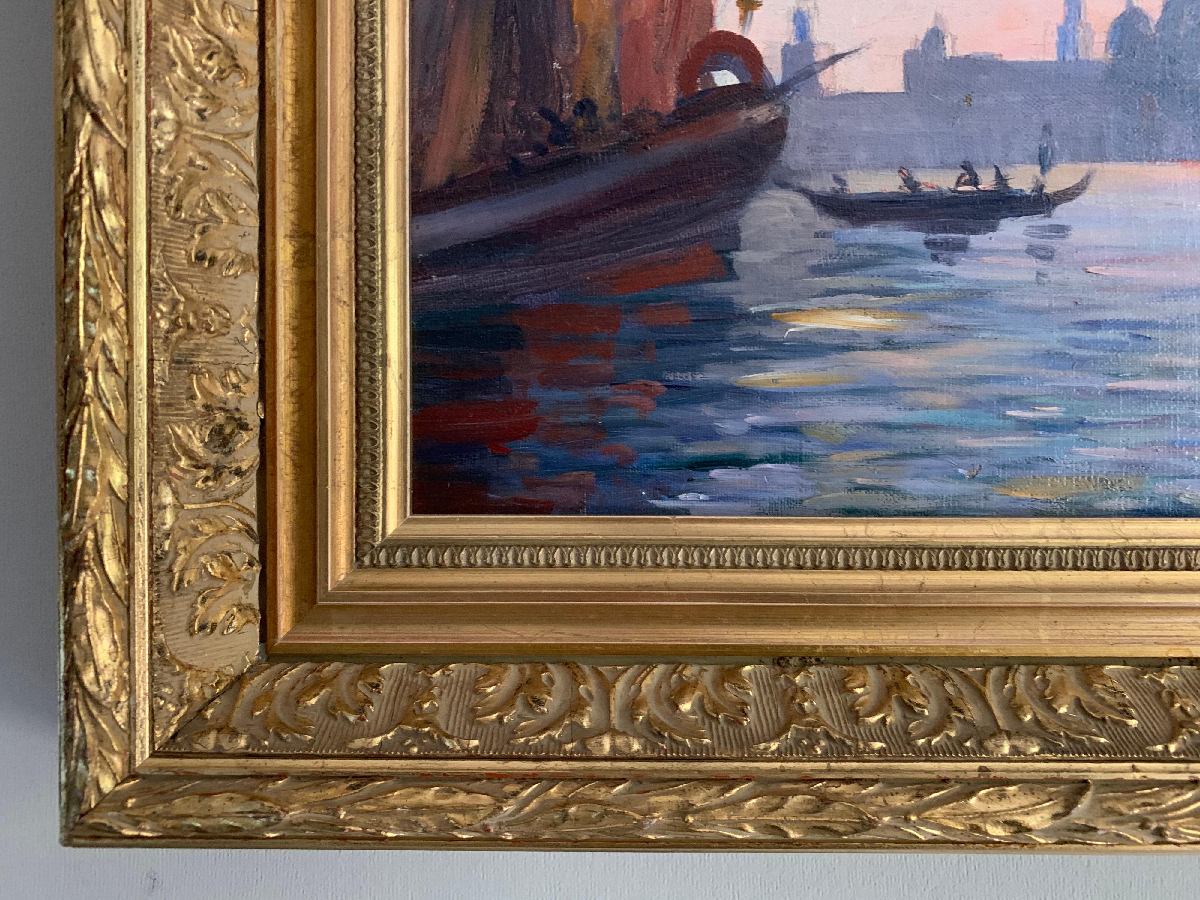 Late 19th Century Oil Painting - Sunset over Grand Canal Venice, Gondoliers 2