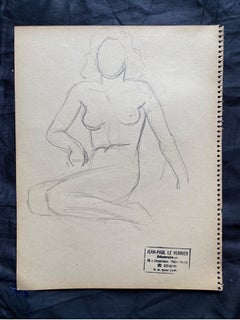 Mid 20th century French Original Line Drawing sketch Nude Lady - Stamped