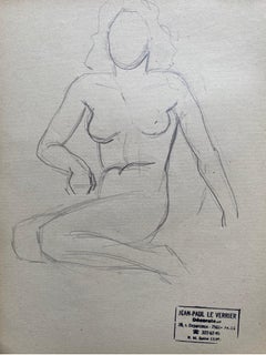 Mid 20th century French Original Line Drawing sketch Nude Lady - Stamped