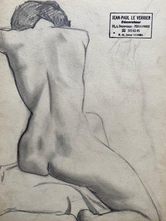 Vintage Mid 20th century French Original Line Drawing sketch Nude Lady - Stamped