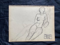 Mid 20th century French Original Line Drawing sketch Nude Lady - Stamped