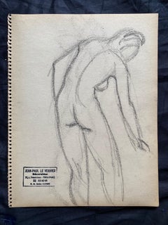 Mid 20th century French Original Line Drawing sketch Nude Lady - Stamped