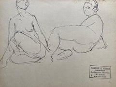 Retro Mid 20th century French Original Line Drawing sketch Nude Lady - Stamped