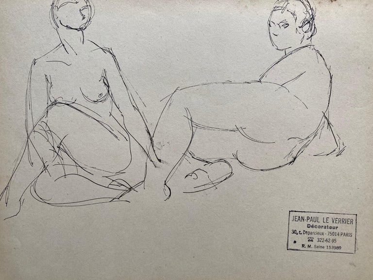 Mid 20th century French Original Line Drawing sketch Nude Lady - Stamped - Art by Jean-Paul le Verrier