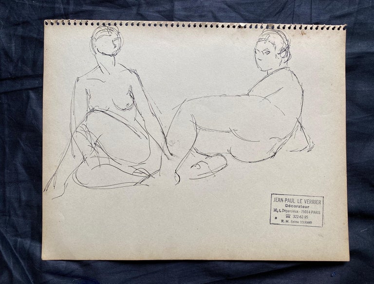 Mid 20th century French Original Line Drawing sketch Nude Lady - Stamped - Impressionist Art by Jean-Paul le Verrier