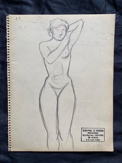 Mid 20th century French Original Line Drawing sketch Nude Lady - Stamped
