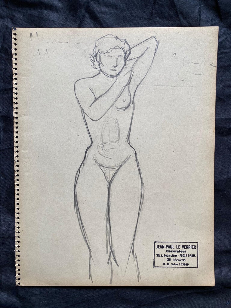 Mid 20th century French Original Line Drawing sketch Nude Lady - Stamped - Art by Jean-Paul le Verrier