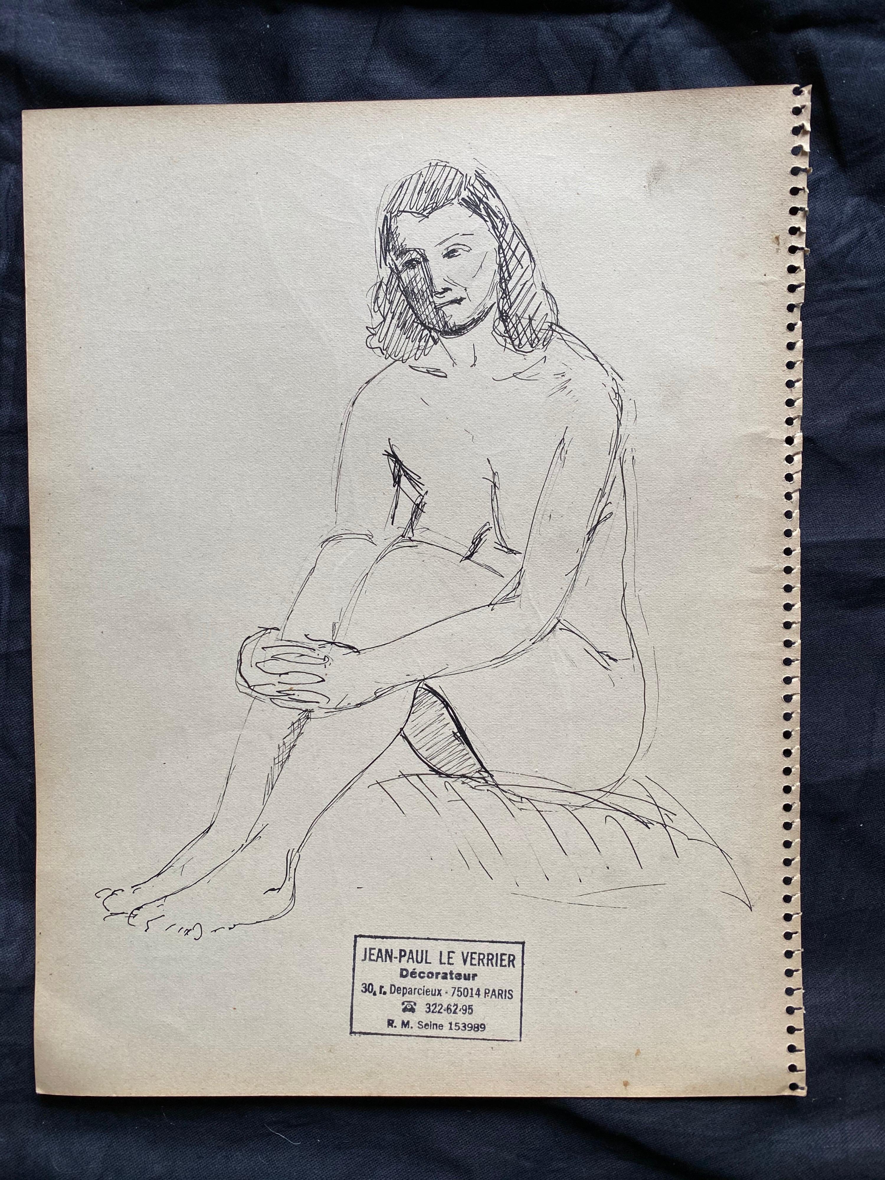 Il s'agit d'un croquis original de femme nue au dessin au trait, datant du milieu du 20e siècle, estampillé - Impressionnisme Art par Jean-Paul le Verrier