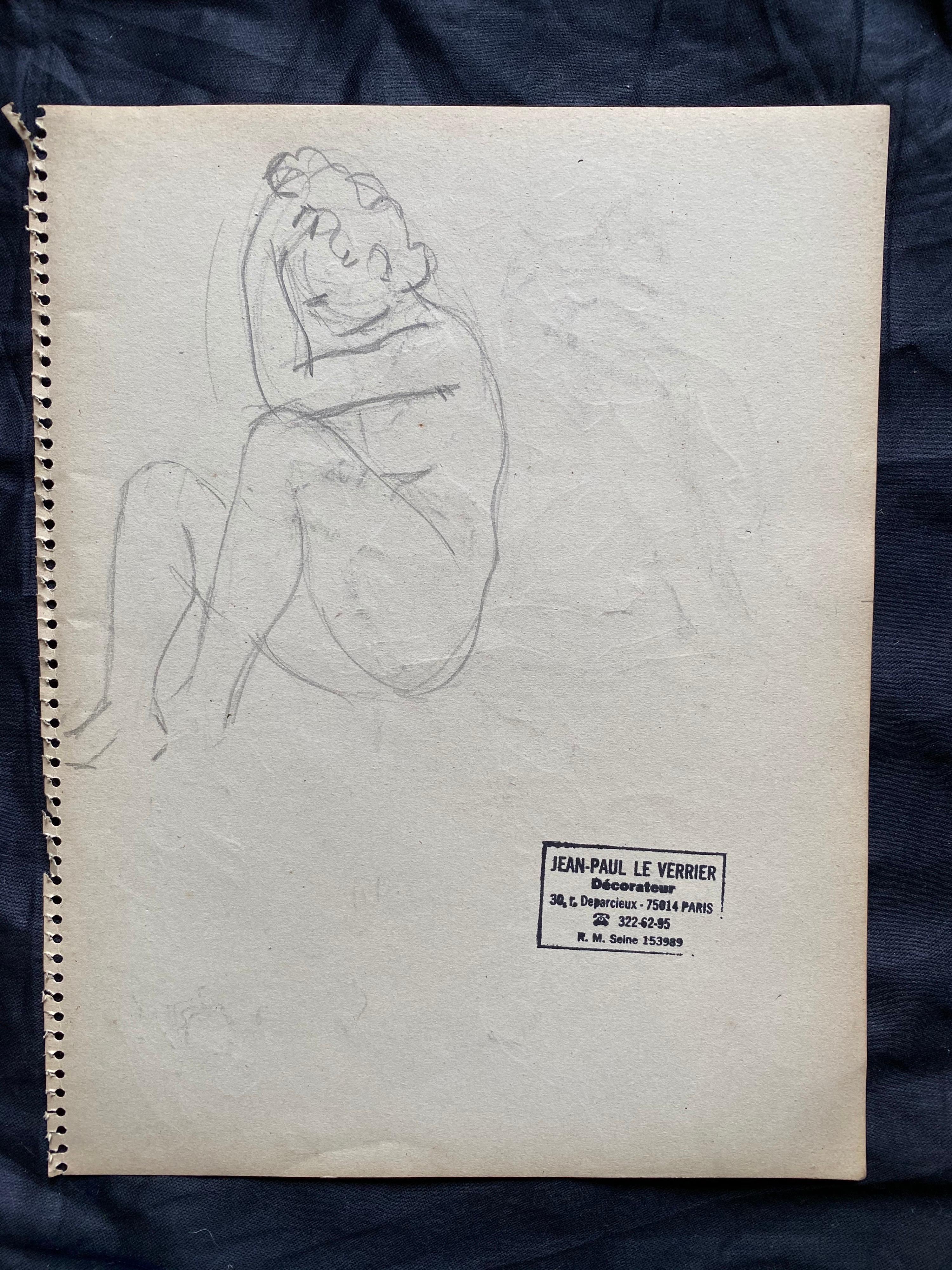 Il s'agit d'un croquis original de femme nue au dessin au trait, datant du milieu du 20e siècle, estampillé - Art de Jean-Paul le Verrier