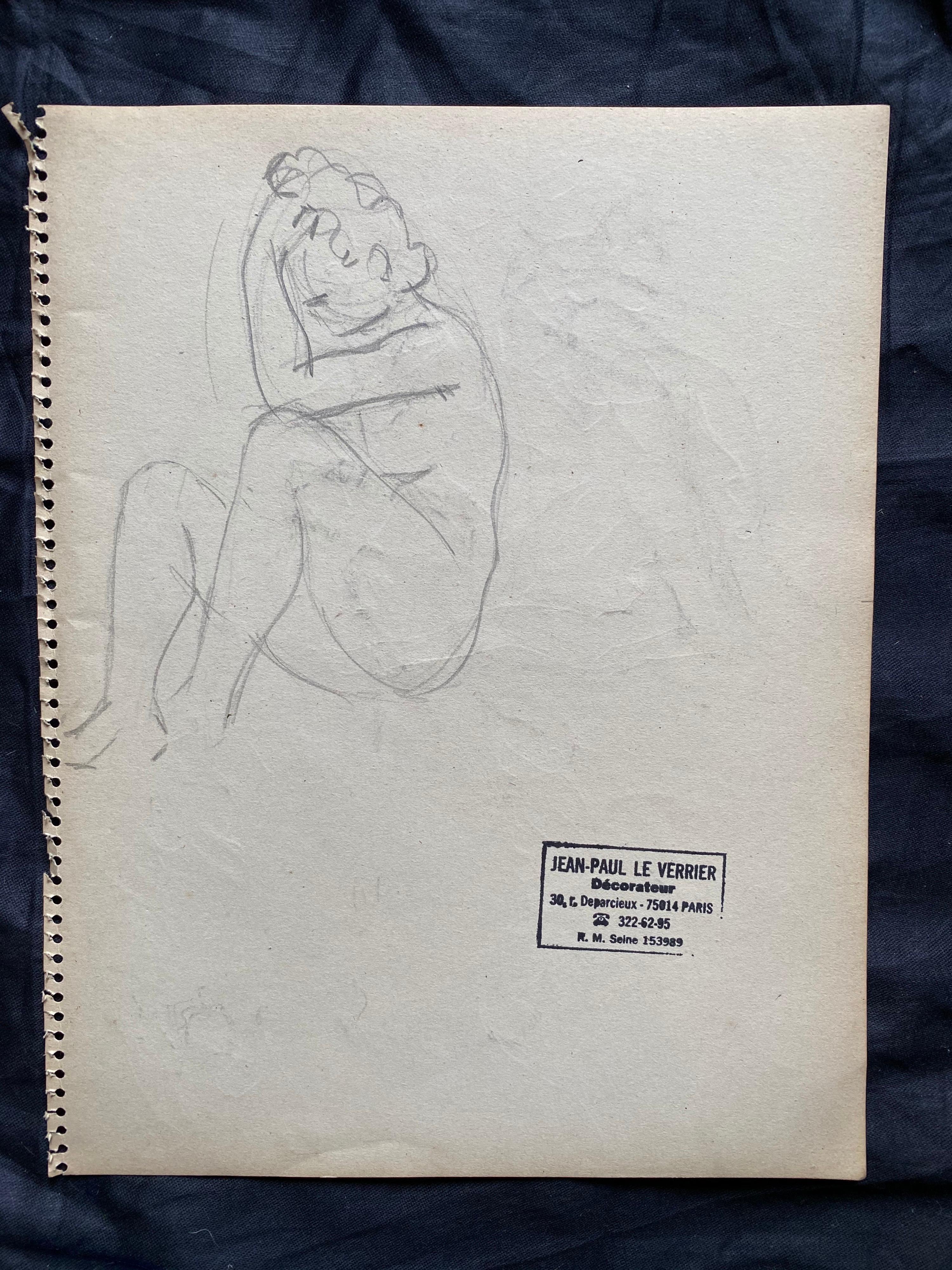 Mid 20th century French Original Line Drawing sketch Nude Lady - Stamped - Impressionist Art by Jean-Paul le Verrier