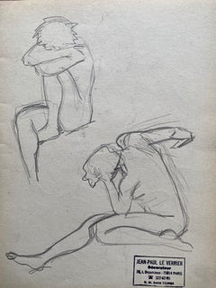 Mid 20th century French Original Line Drawing sketch Nude Lady - Stamped