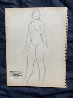Mid 20th century French Original Line Drawing sketch Nude Lady - Stamped