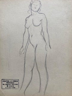 Mid 20th century French Original Line Drawing sketch Nude Lady - Stamped