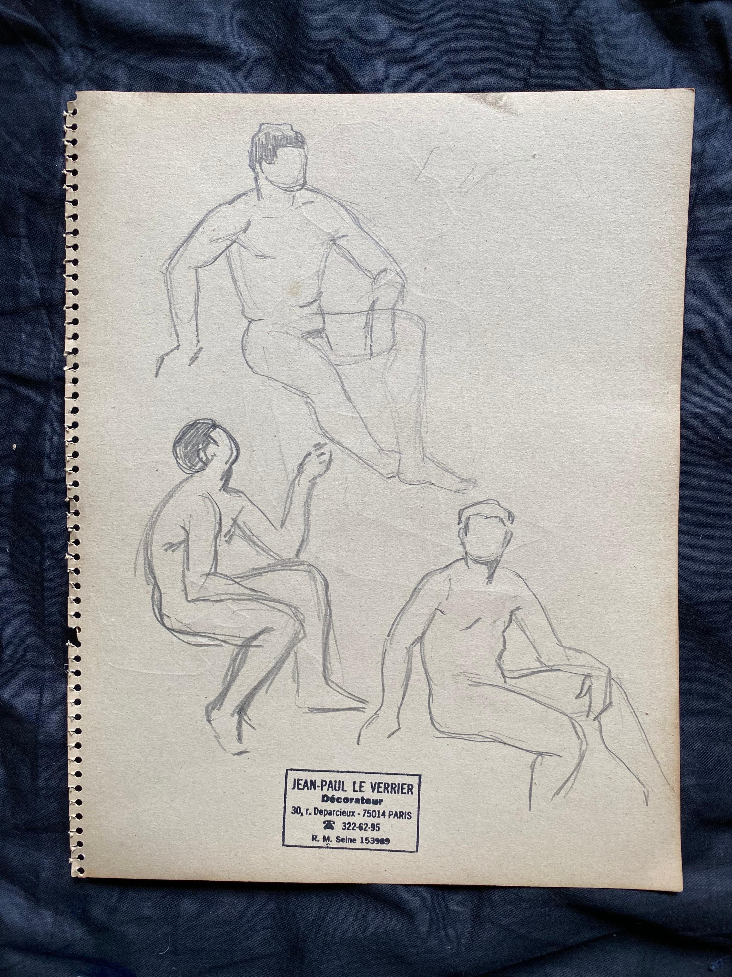 Mid 20th century French Original Line Drawing sketch Nude Men- Stamped - Art by Jean-Paul le Verrier