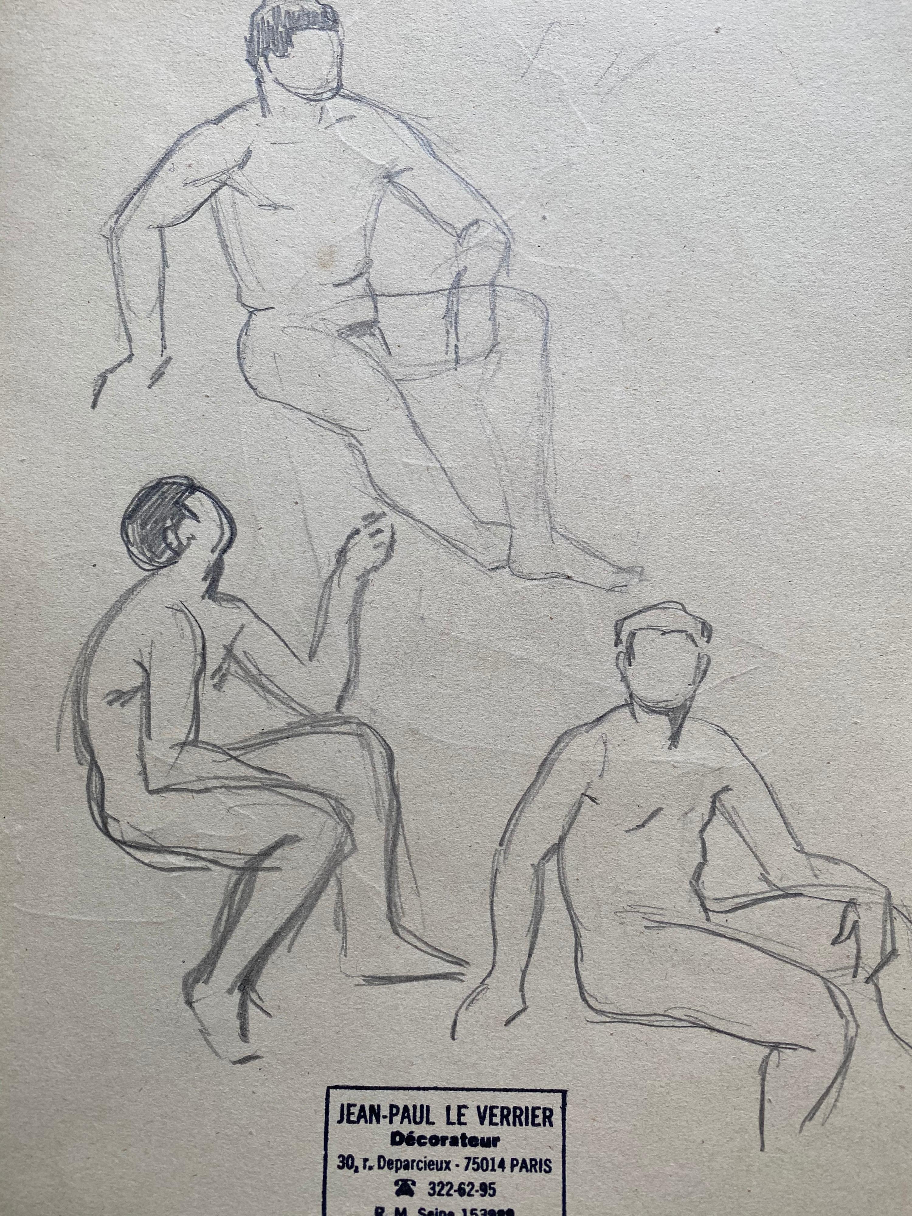 Mid 20th century French Original Line Drawing sketch Nude Men- Stamped