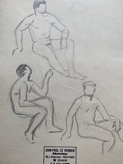 Vintage Mid 20th century French Original Line Drawing sketch Nude Men- Stamped