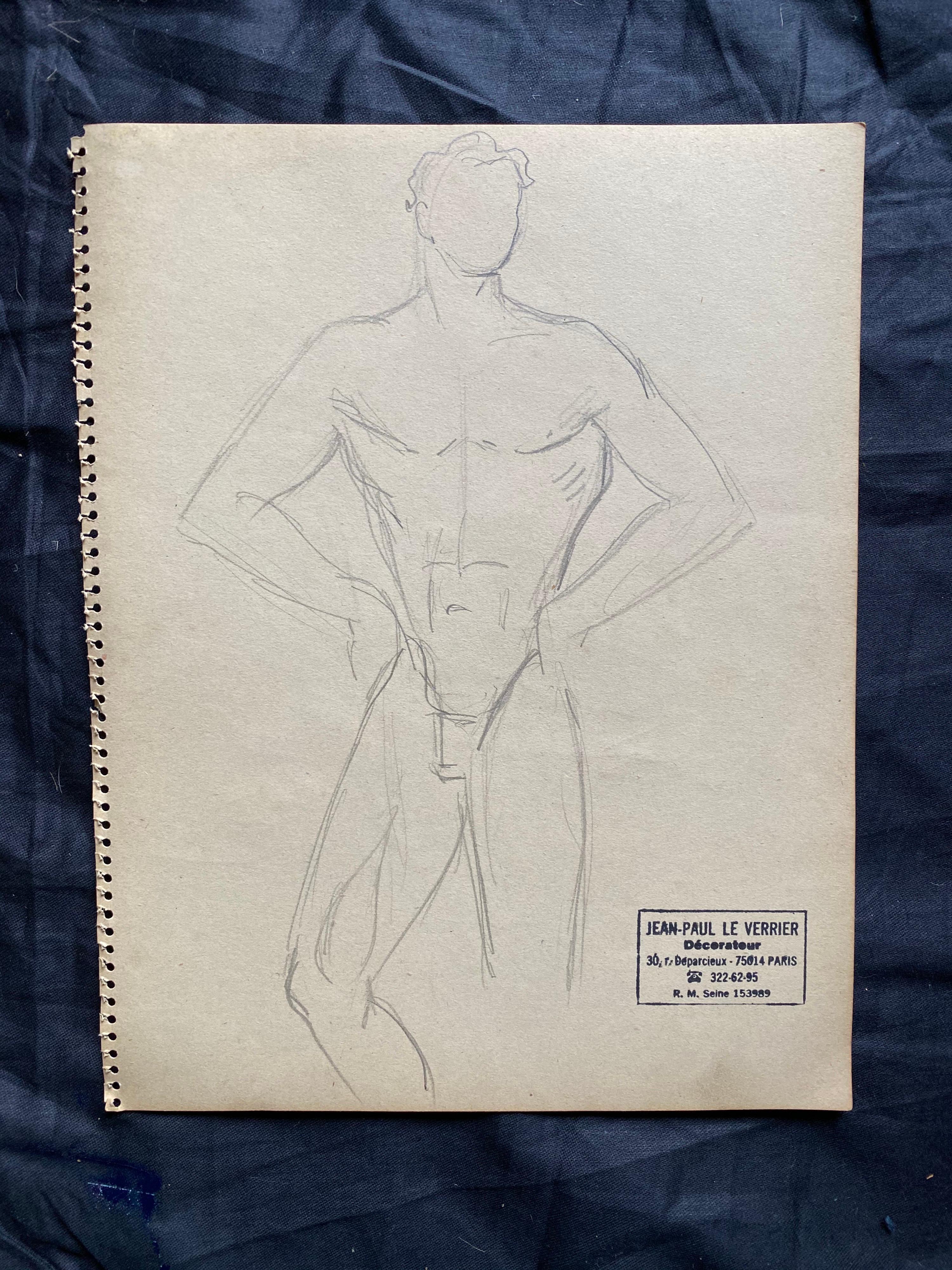 Disegno al tratto originale francese della metà del XX secolo: Nudo maschile - Timbrato - Art di Jean-Paul le Verrier