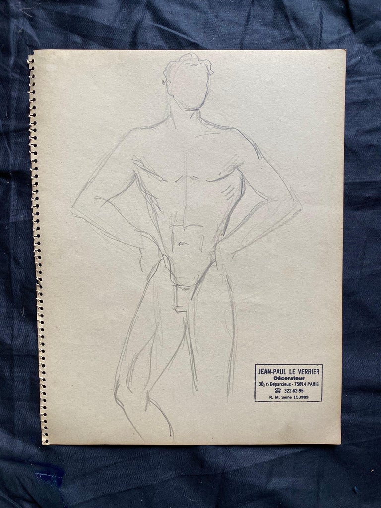 Mid 20th century French Original Line Drawing sketch Nude Male - Stamped - Impressionist Art by Jean-Paul le Verrier