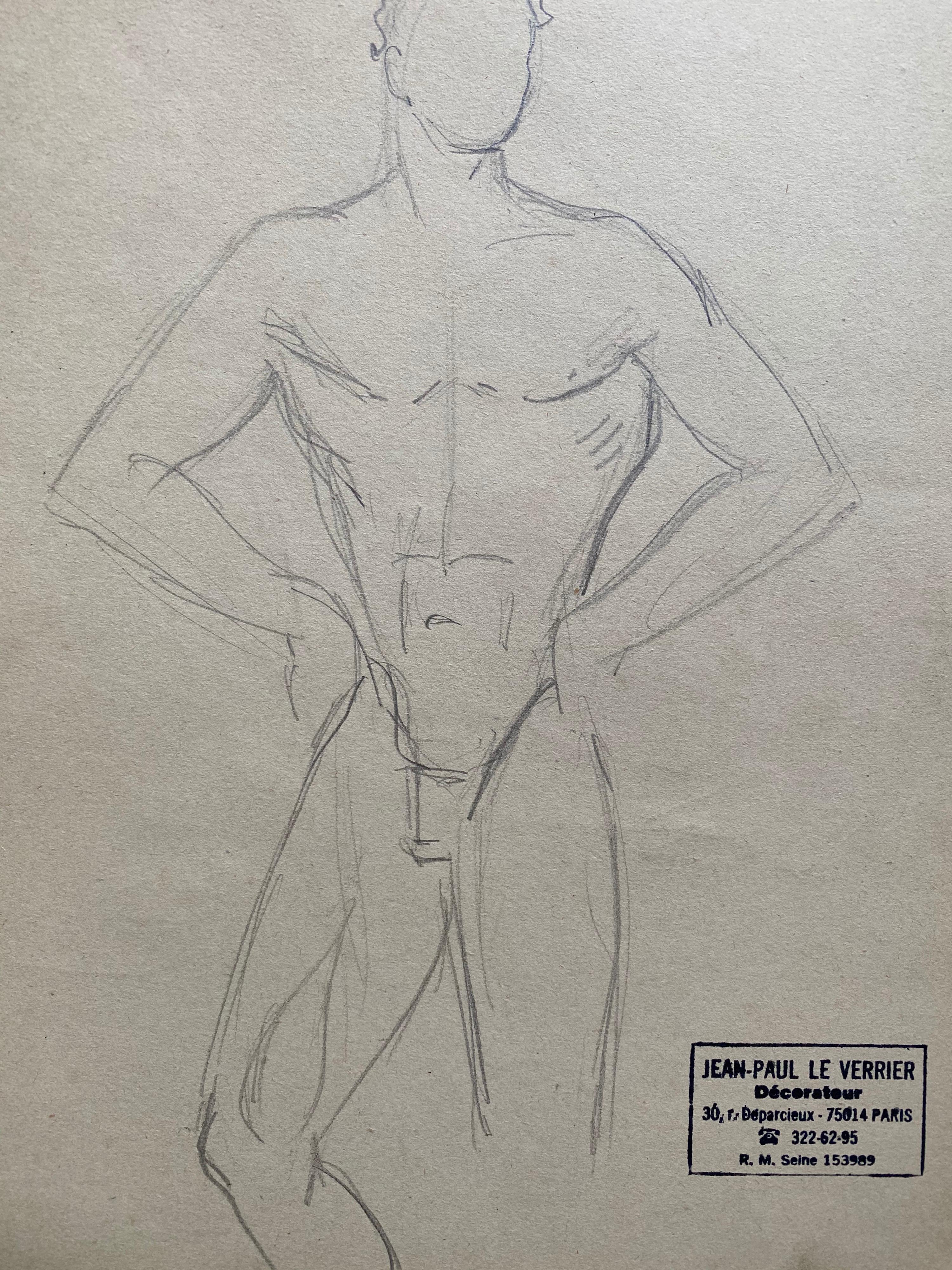 Mid 20th century French Original Line Drawing sketch Nude Male - Stamped - Art by Jean-Paul le Verrier