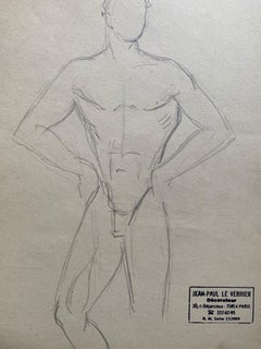 Mid 20th century French Original Line Drawing sketch Nude Male - Stamped