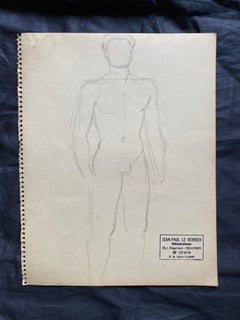 Mid 20th century French Original Line Drawing sketch Nude Man - Stamped