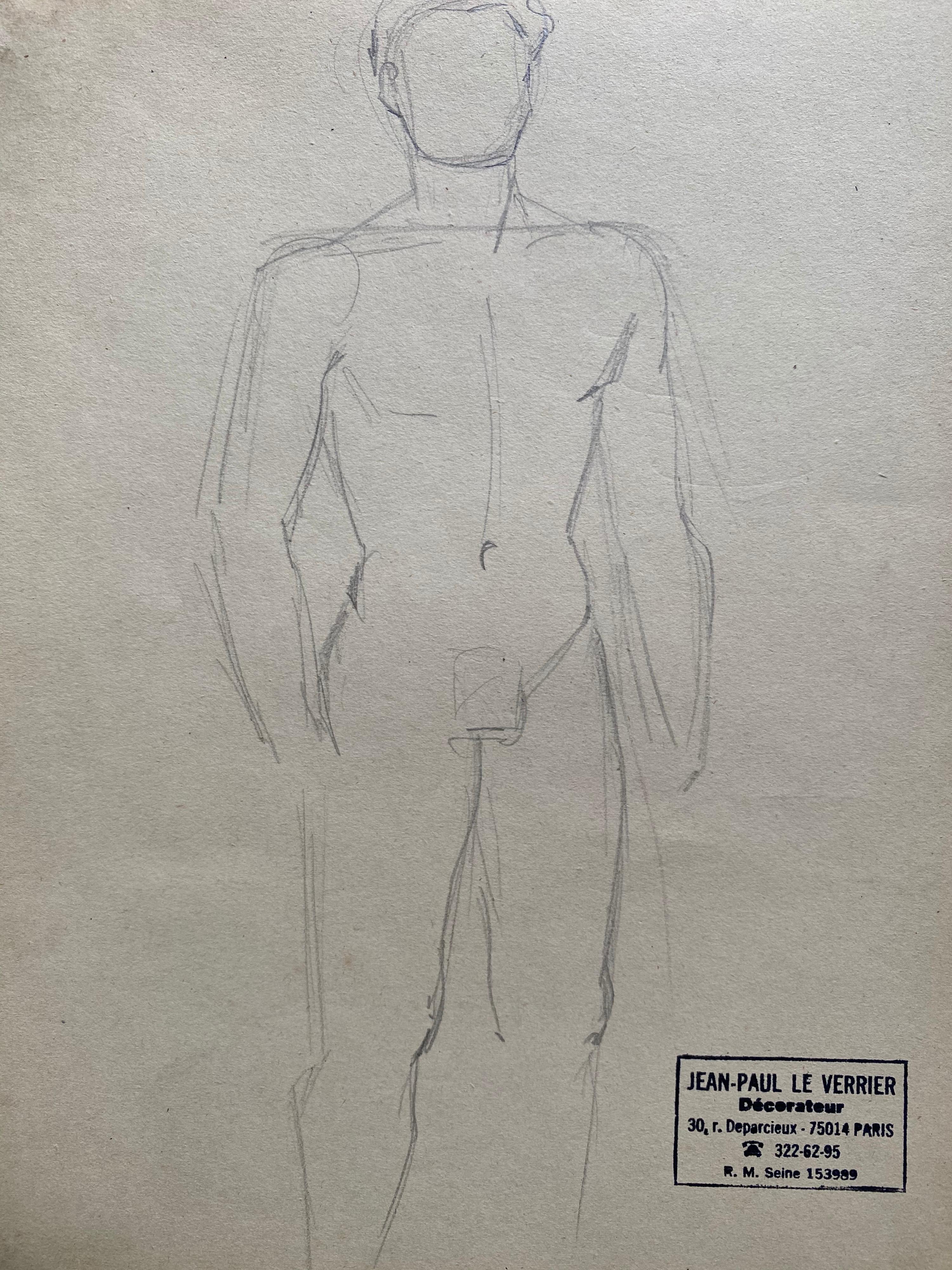Mid 20th century French Original Line Drawing sketch Nude Man - Stamped - Art by Jean-Paul le Verrier