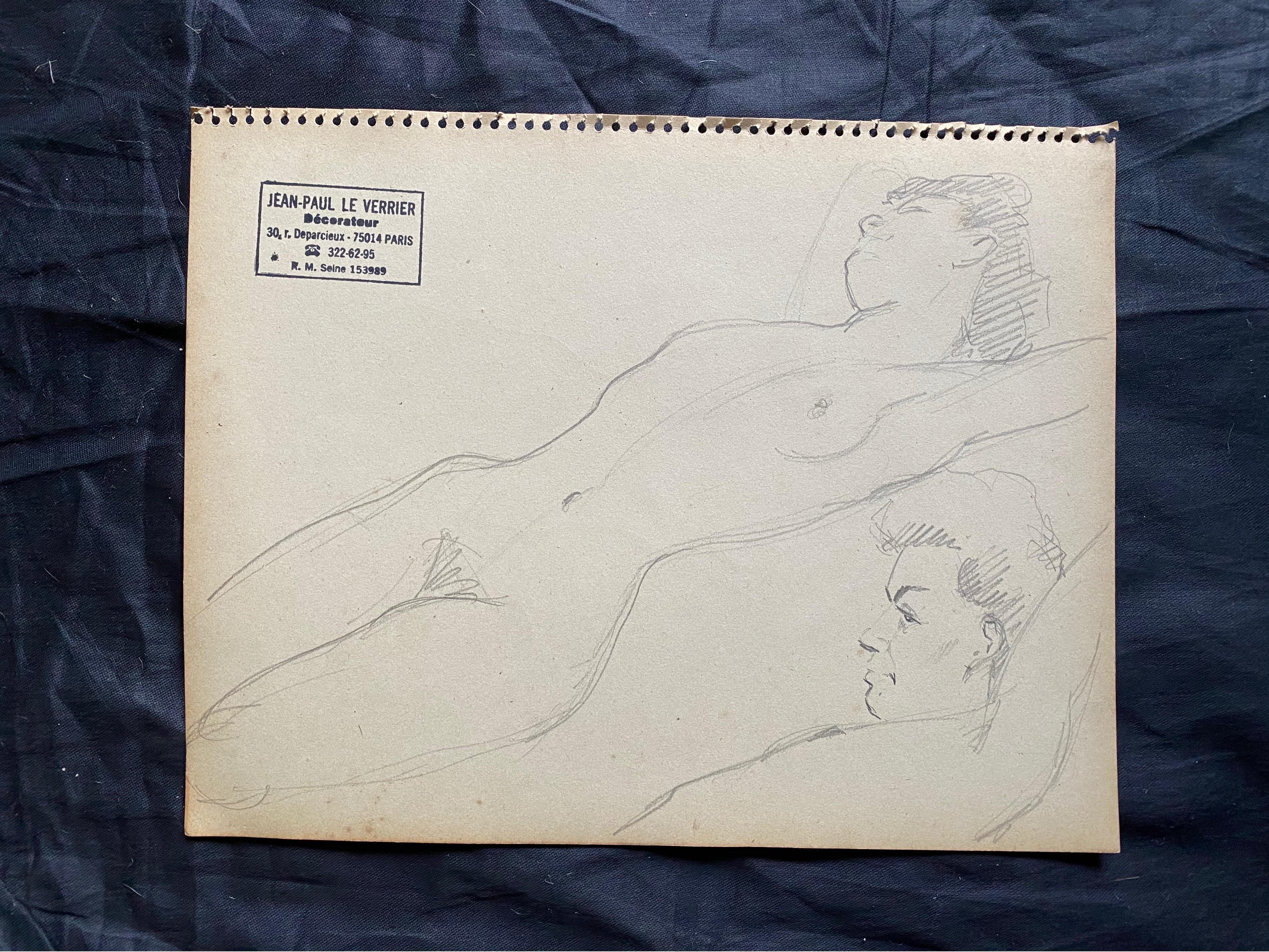 Französische Original-Linien-Zeichnungsskizze des mittleren 20. Jahrhunderts, Akt, weiblicher Akt, gestempelt – Art von Jean-Paul le Verrier