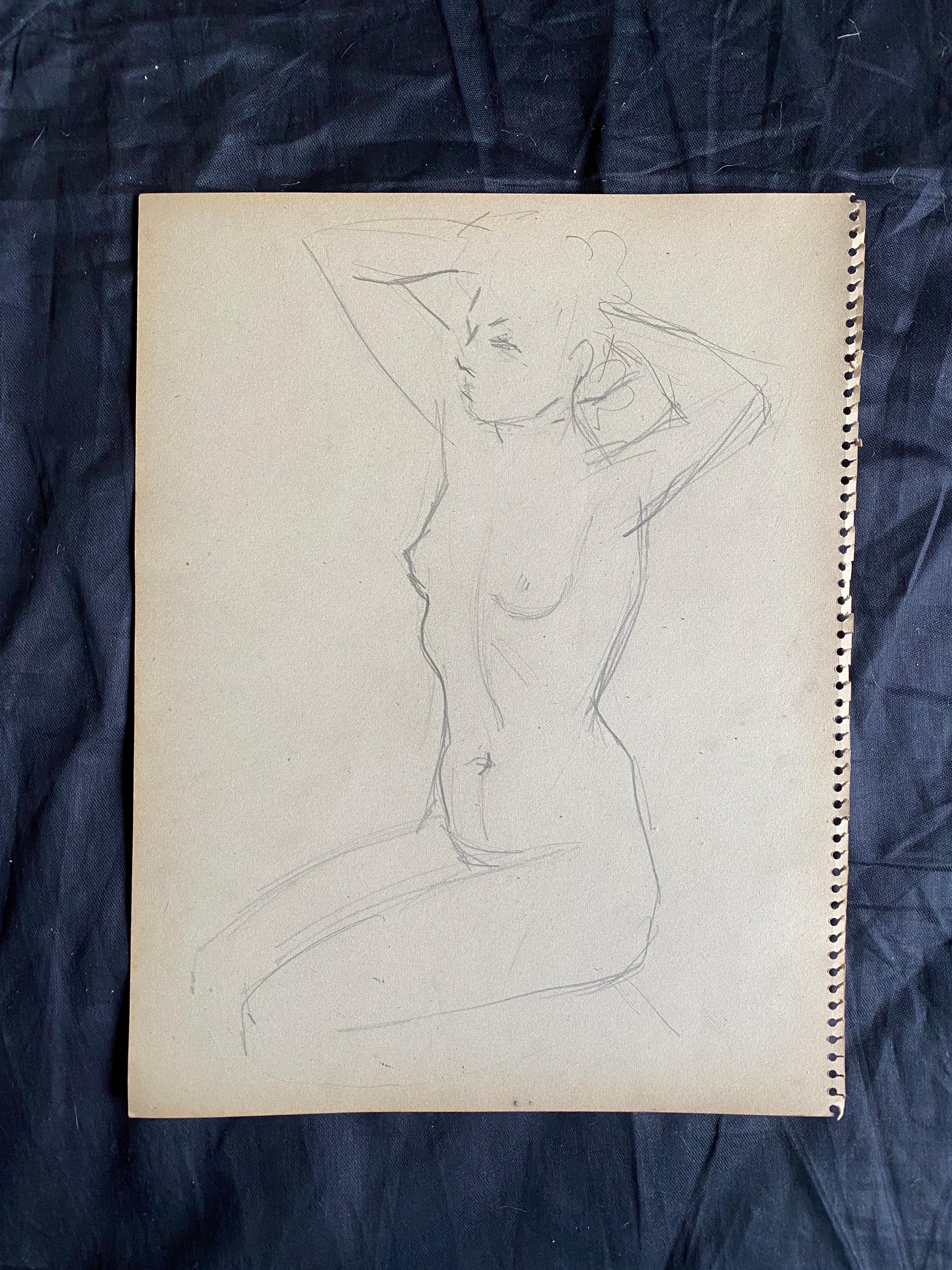 Französische Original-Linien-Zeichnungsskizze des mittleren 20. Jahrhunderts, Akt, weiblicher Akt, gestempelt (Impressionismus), Art, von Jean-Paul le Verrier