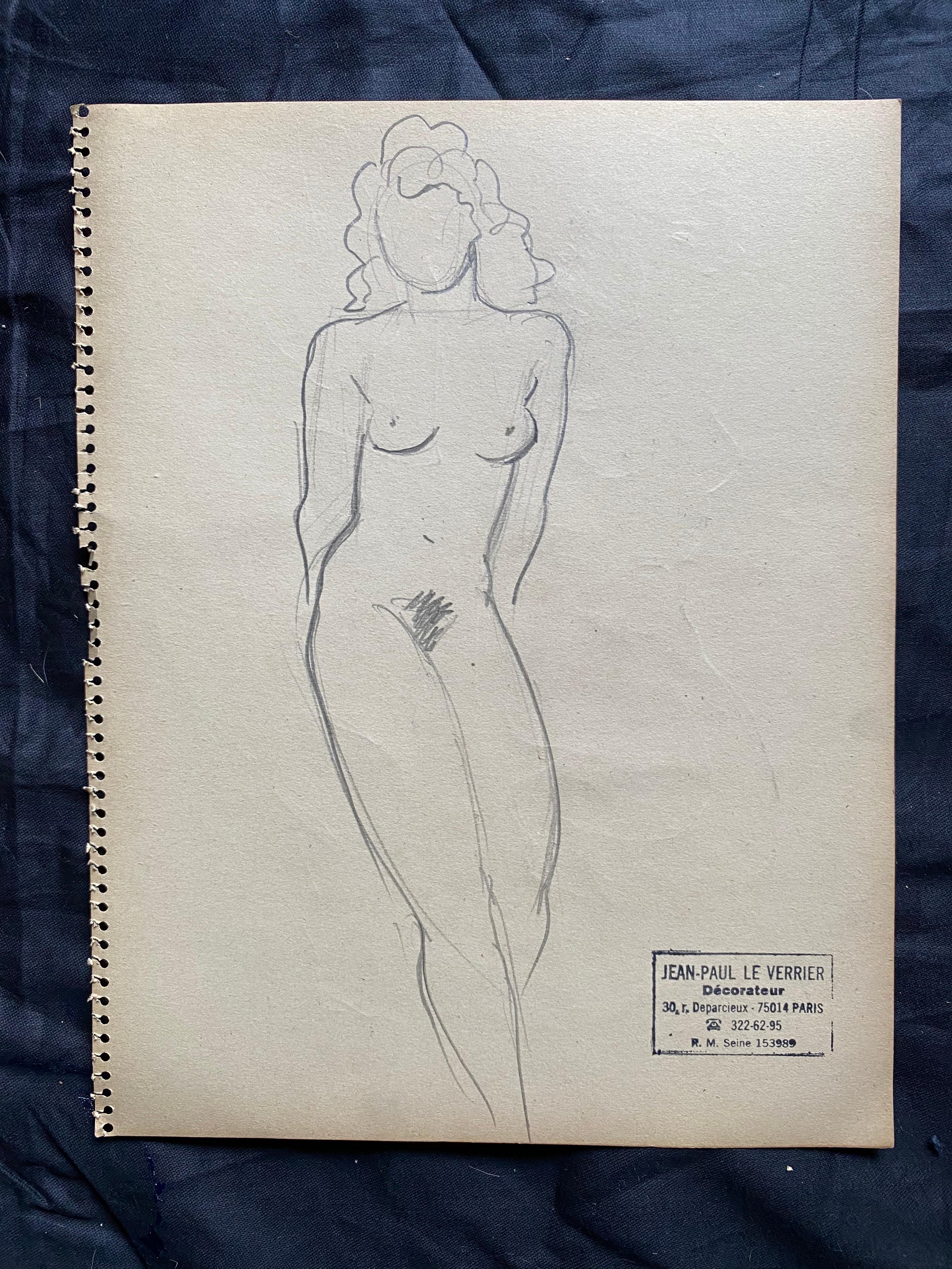 Mid 20th century French Original Line Drawing sketch Nude Female- Stamped - Art by Jean-Paul le Verrier