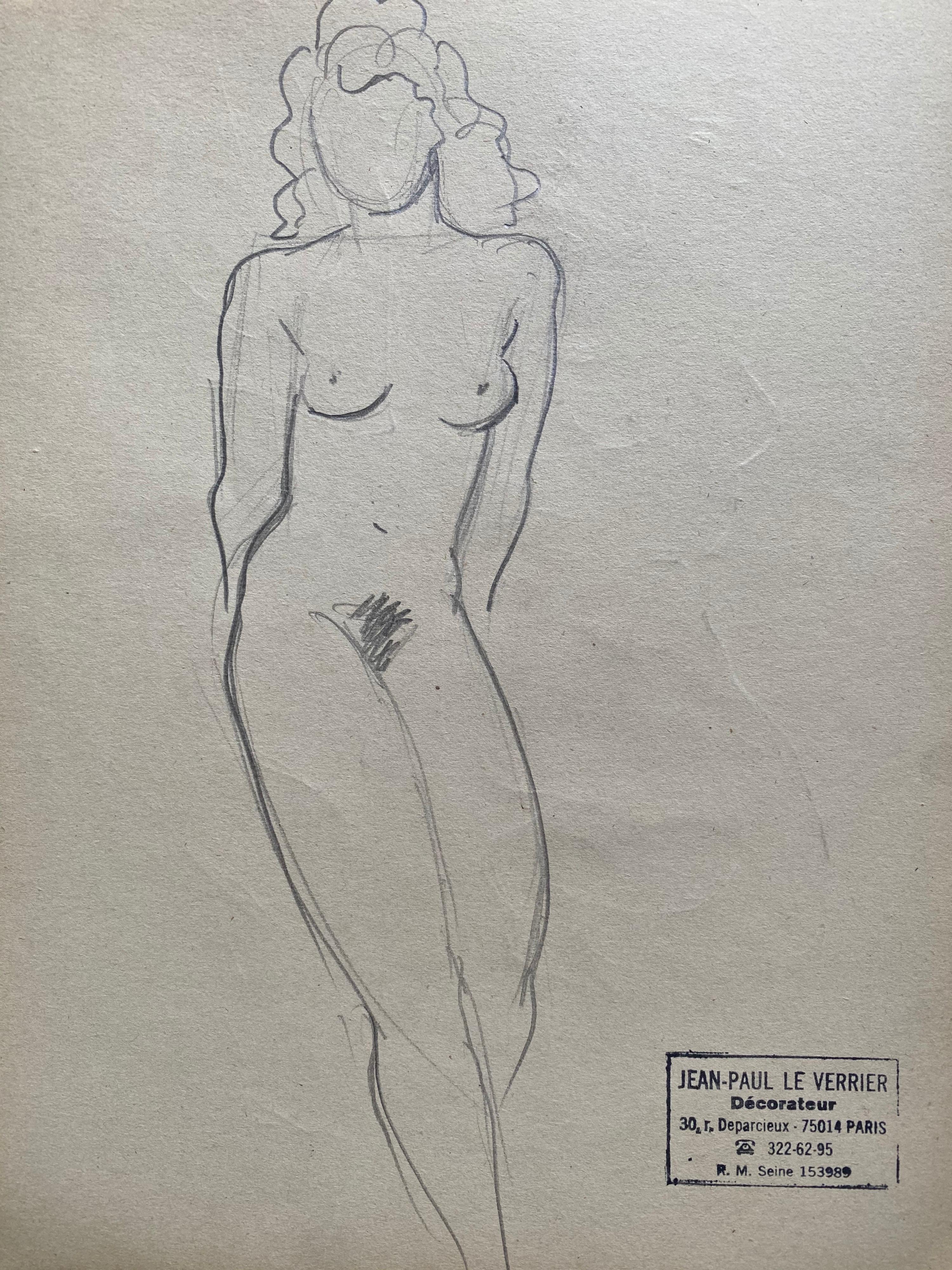 Mediados del siglo XX French mid 20th Original Line Drawing sketch Nude Female- Stamped