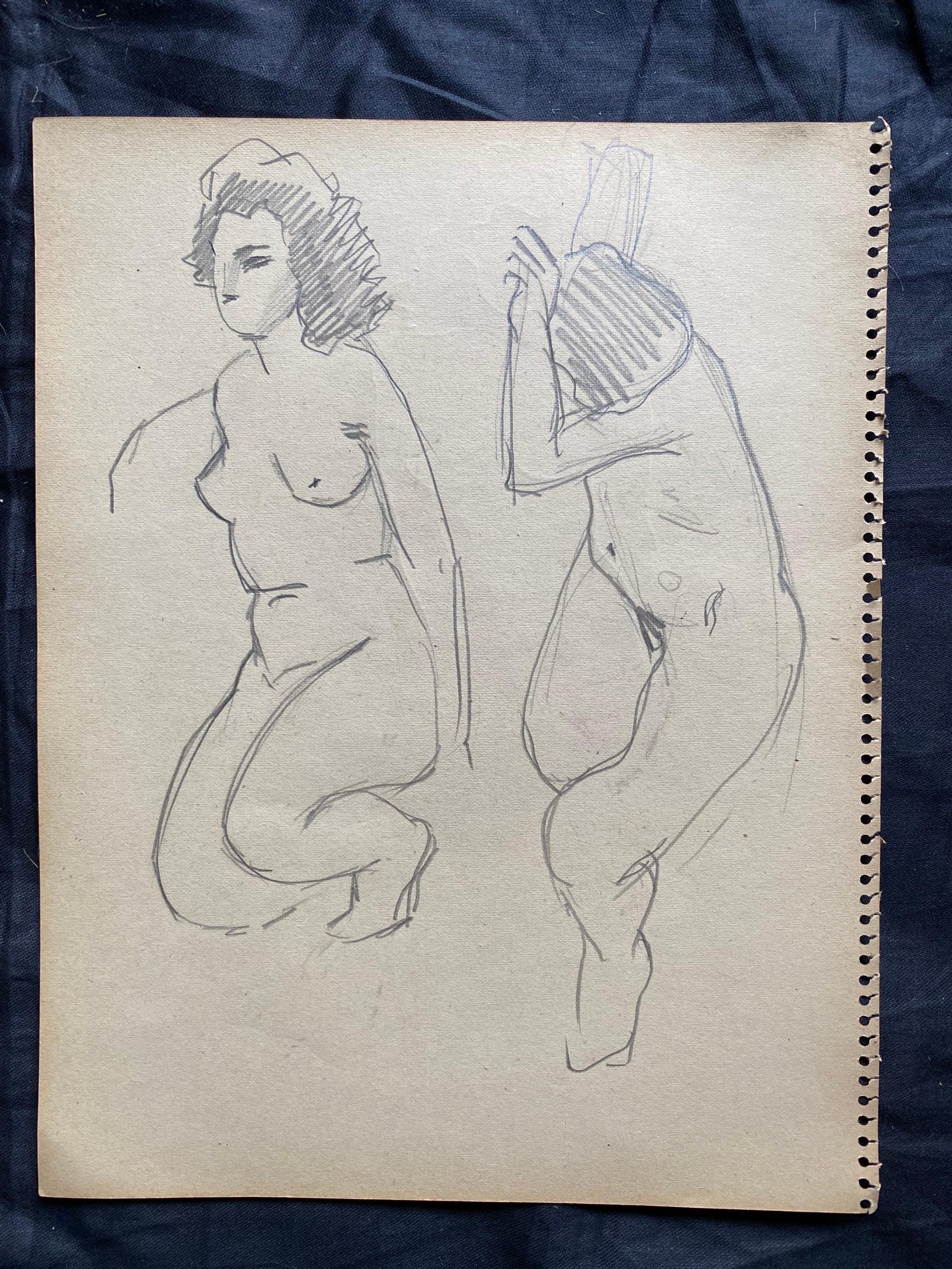 Mid 20th century French Original Line Drawing sketch Nude Female- Stamped - Impressionist Art by Jean-Paul le Verrier